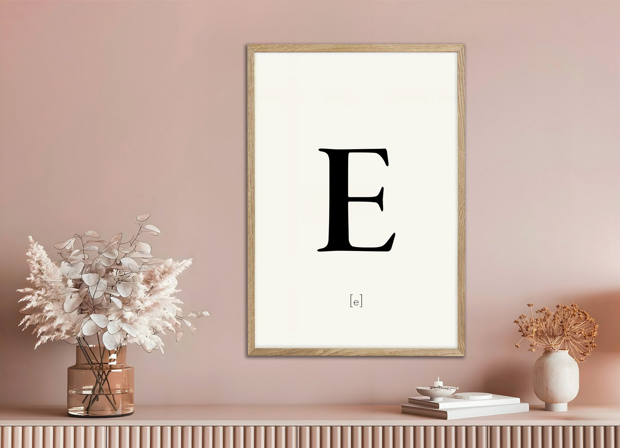 Poster of Letter E, with natural wooden frame