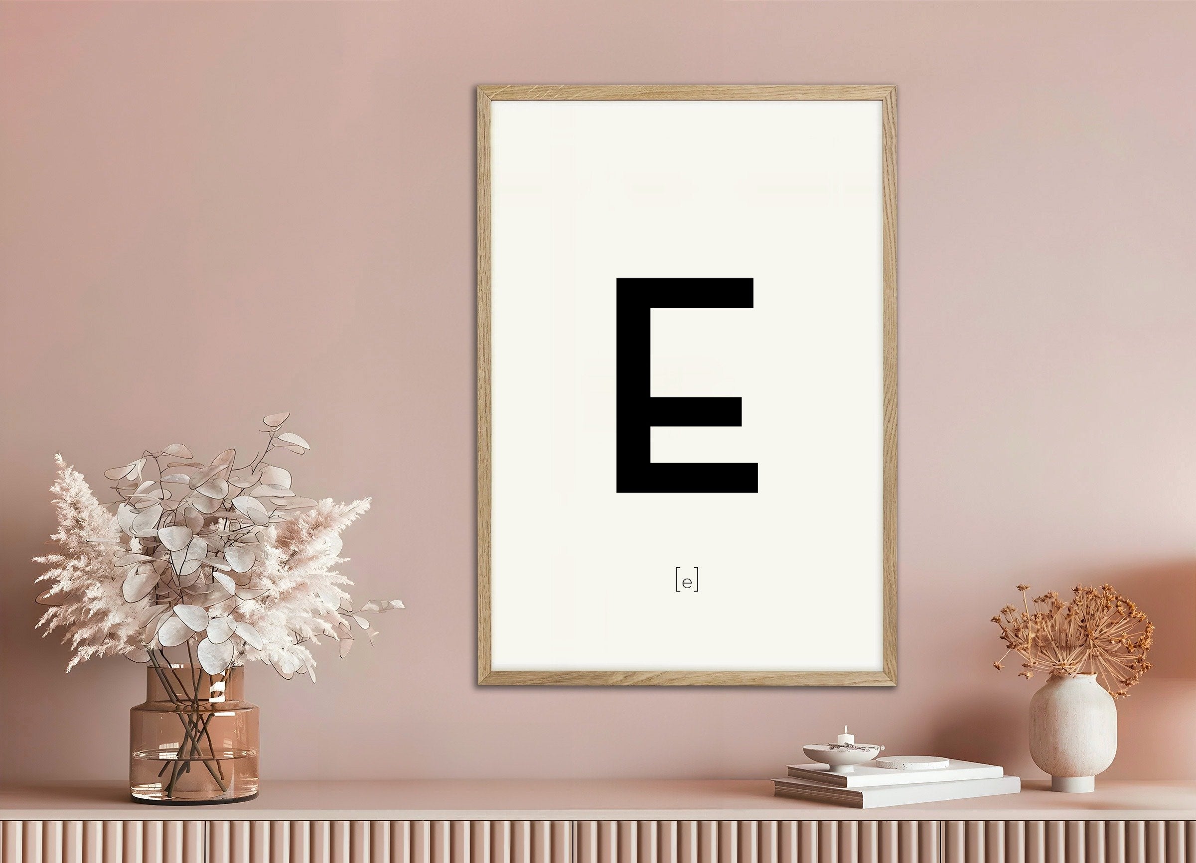 Poster of Letter E, with natural wooden frame