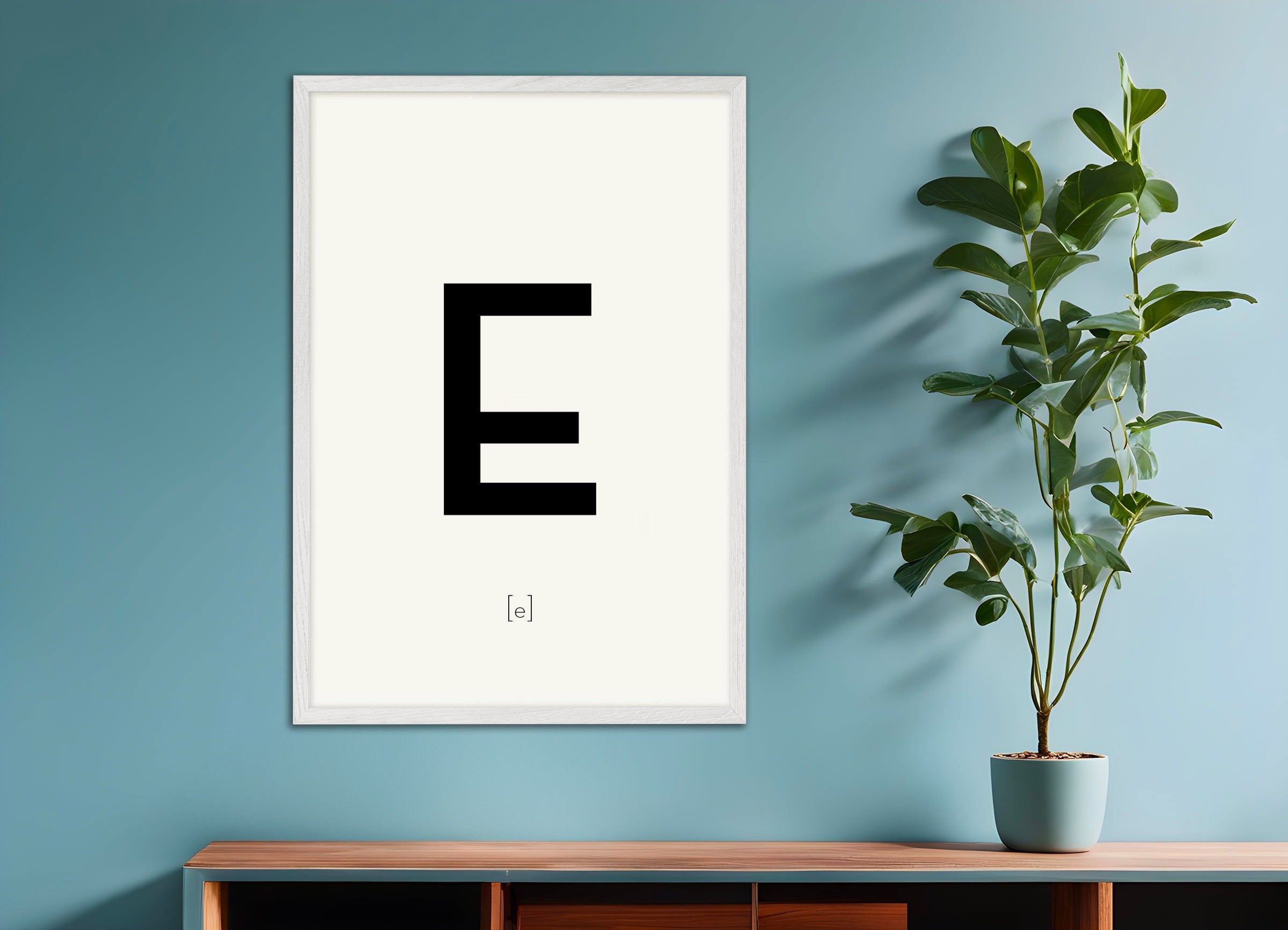 Poster of Letter E, with white wooden frame