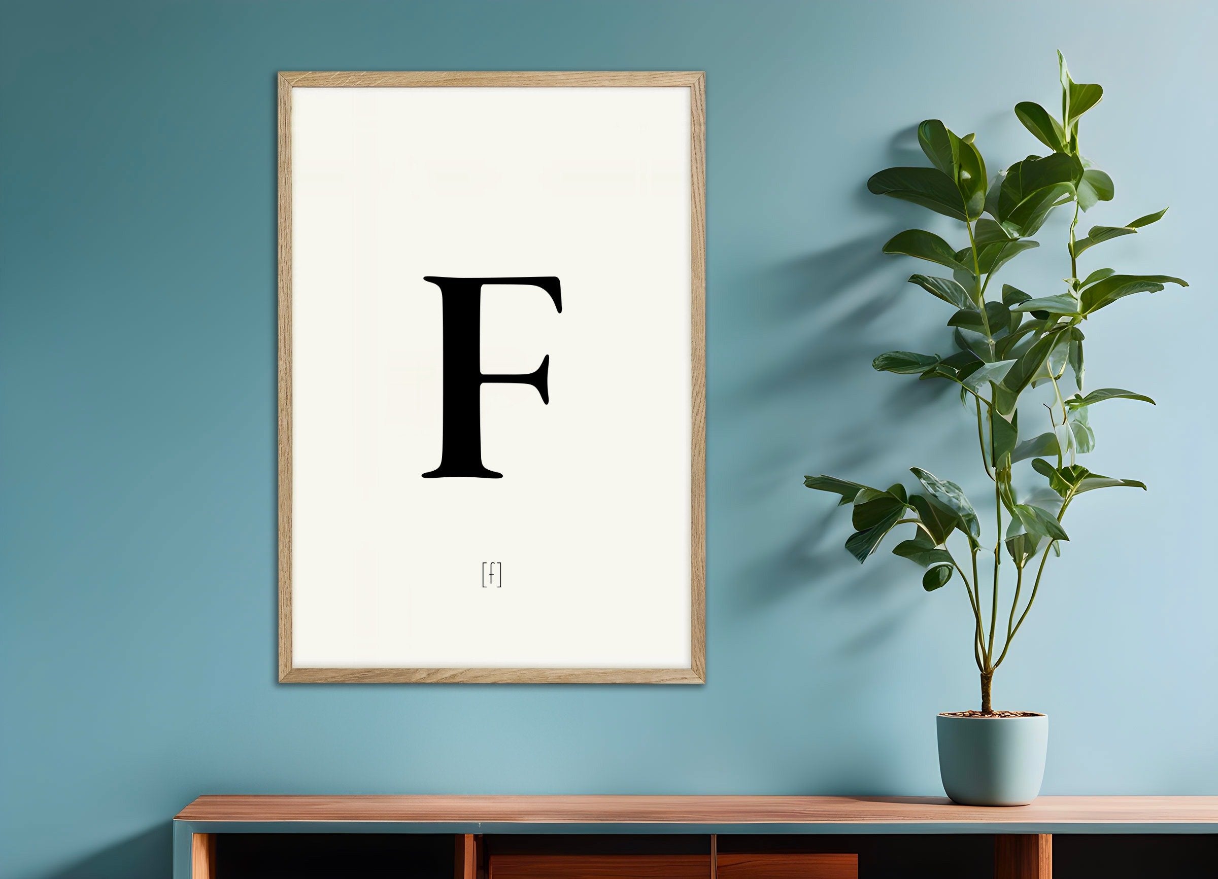 Poster of Letter F, with natural wooden frame