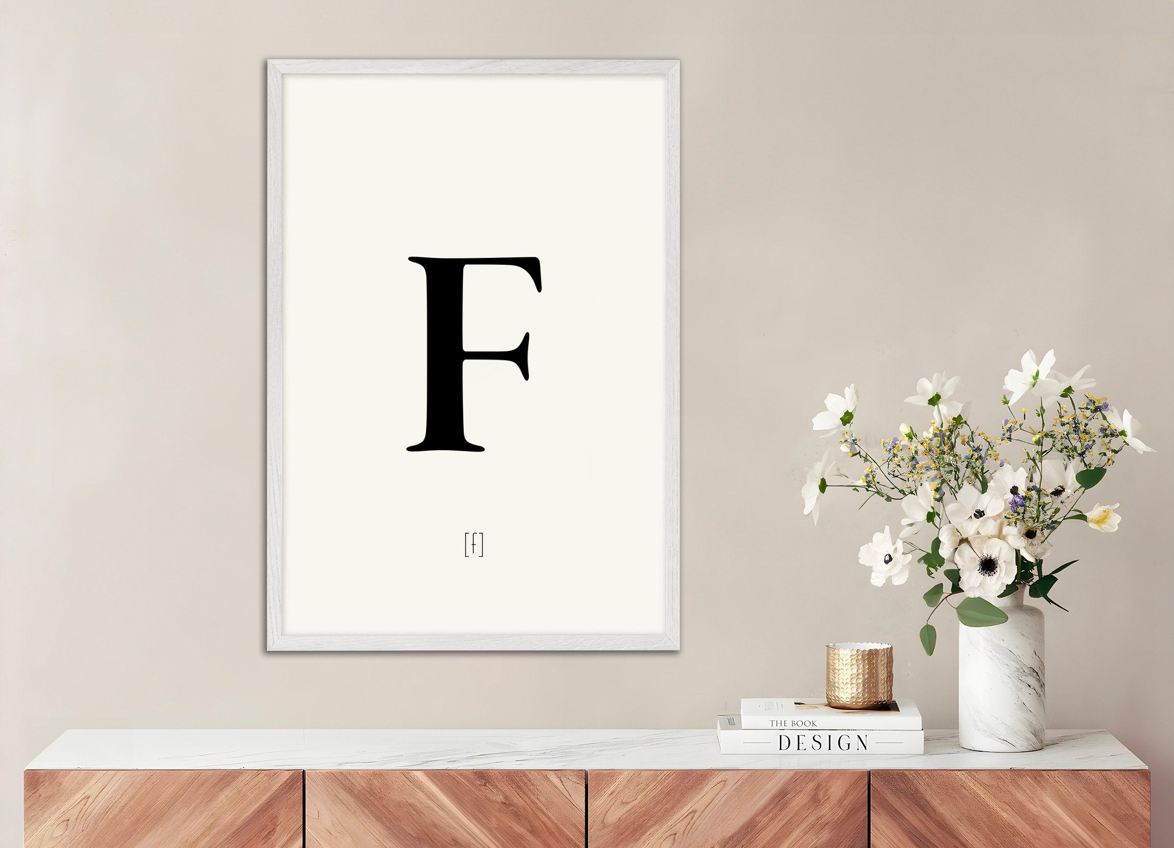 Poster of Letter F, with white wooden frame