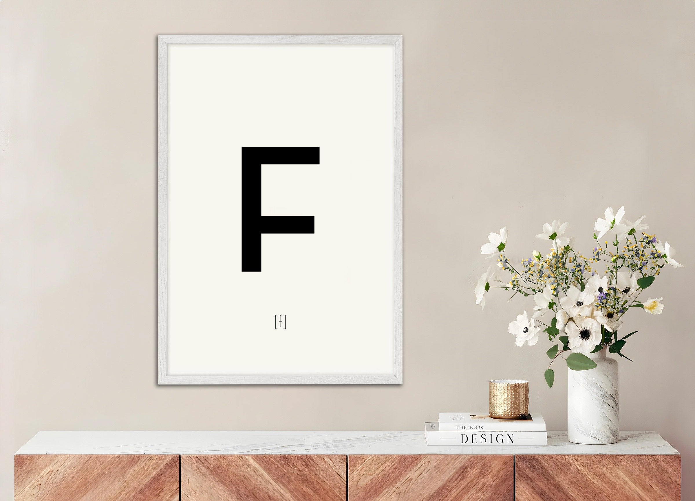 Poster of Letter F, with white wooden frame