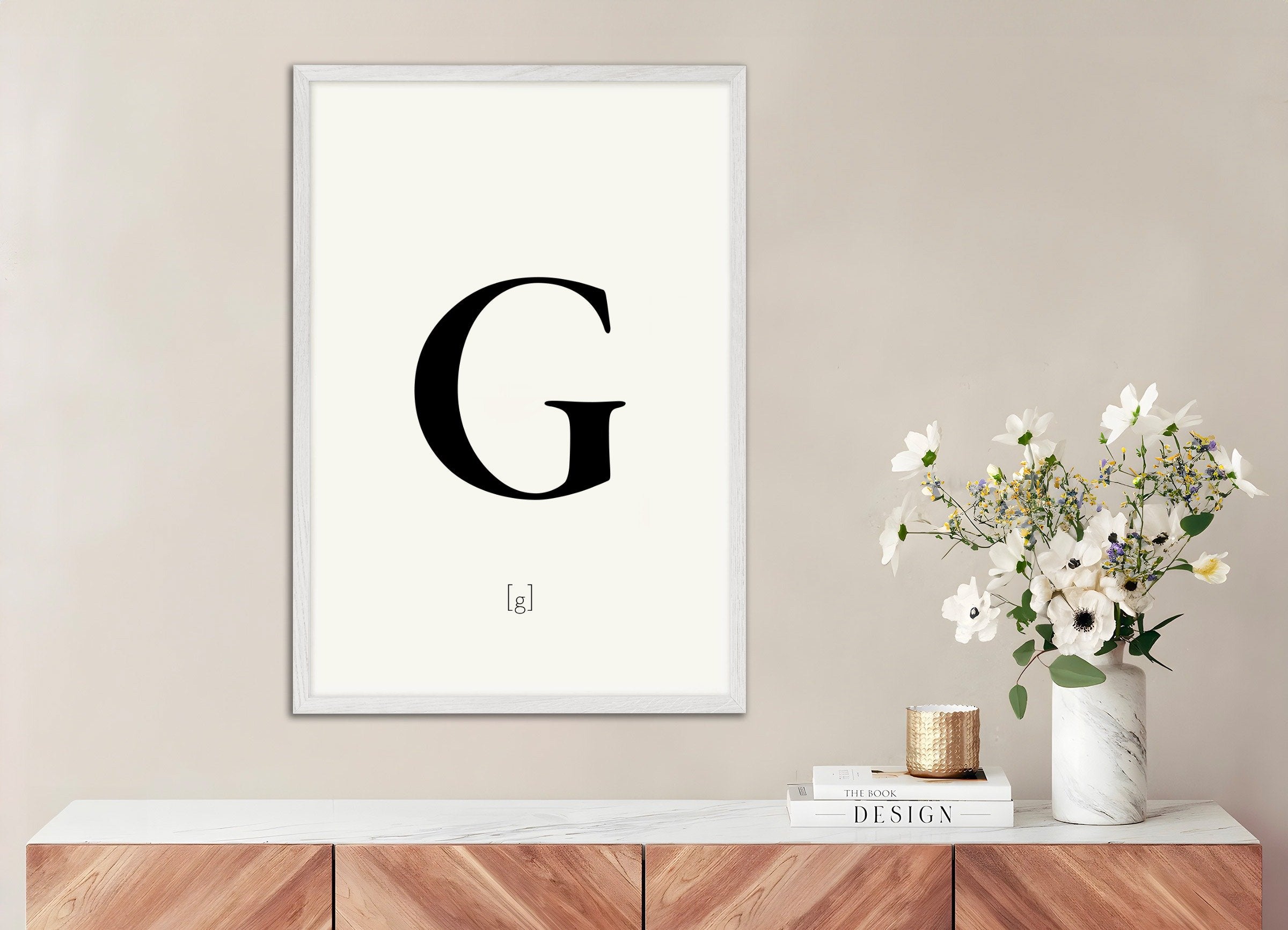 Poster of Letter G, with white wooden frame