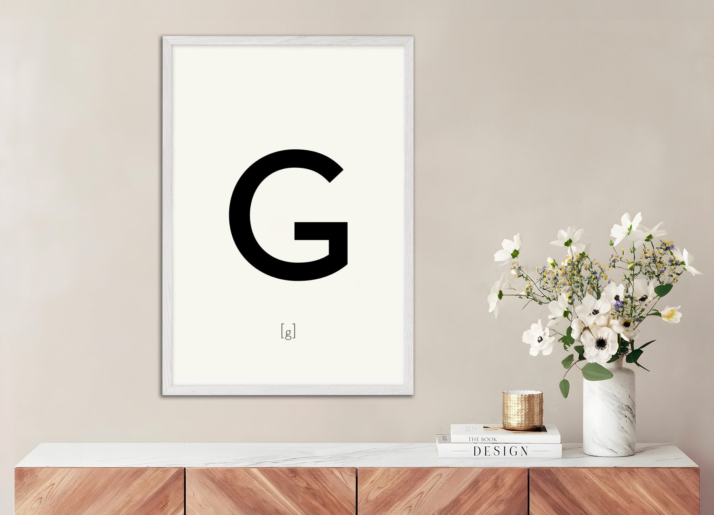 Poster of Letter G, with white wooden frame