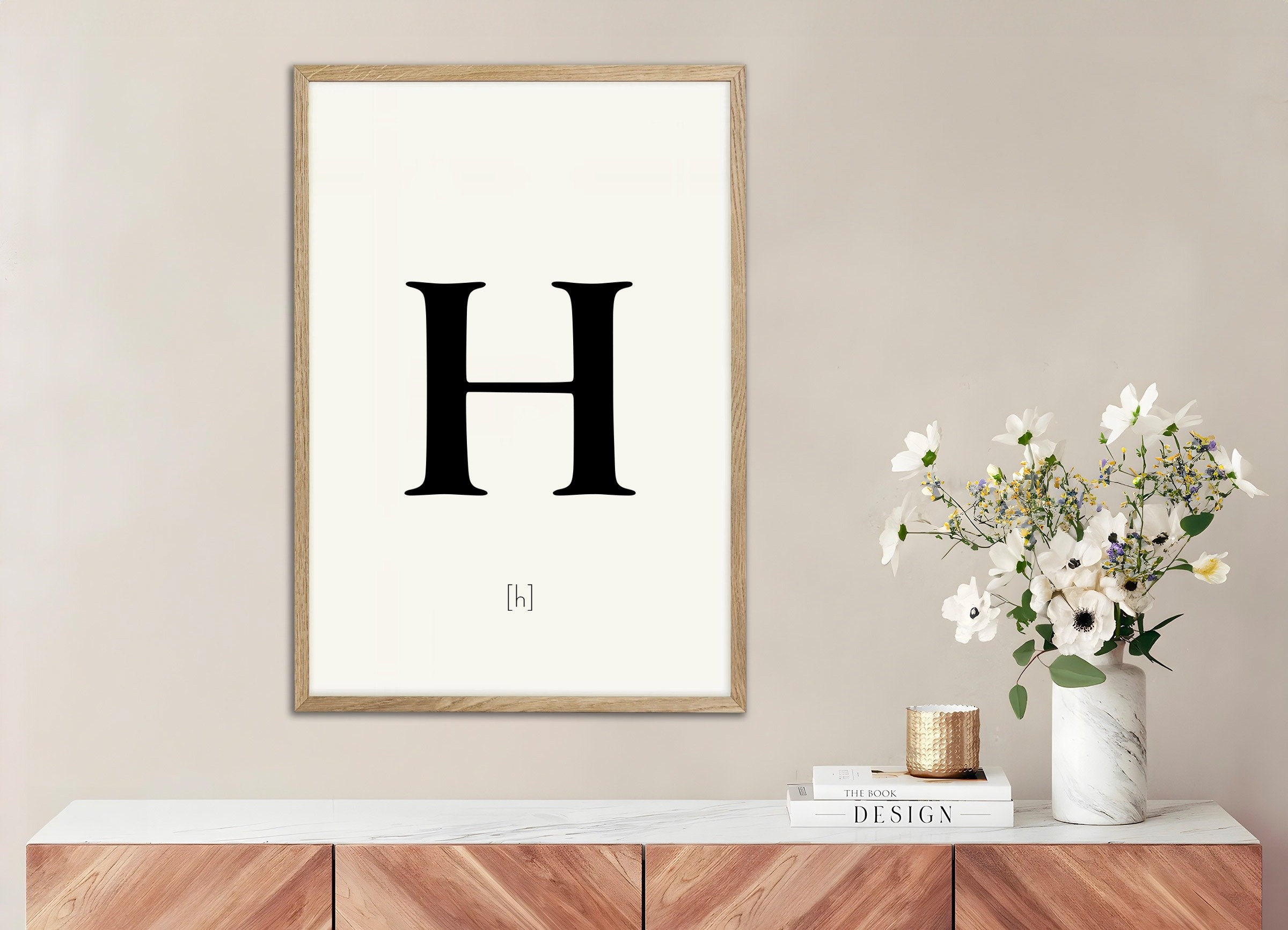 Poster of Letter H, with natural wooden frame