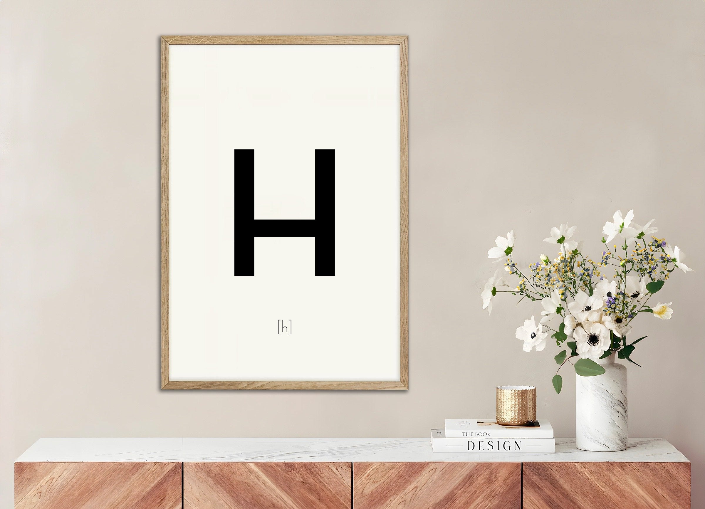 Poster of Letter H, with natural wooden frame