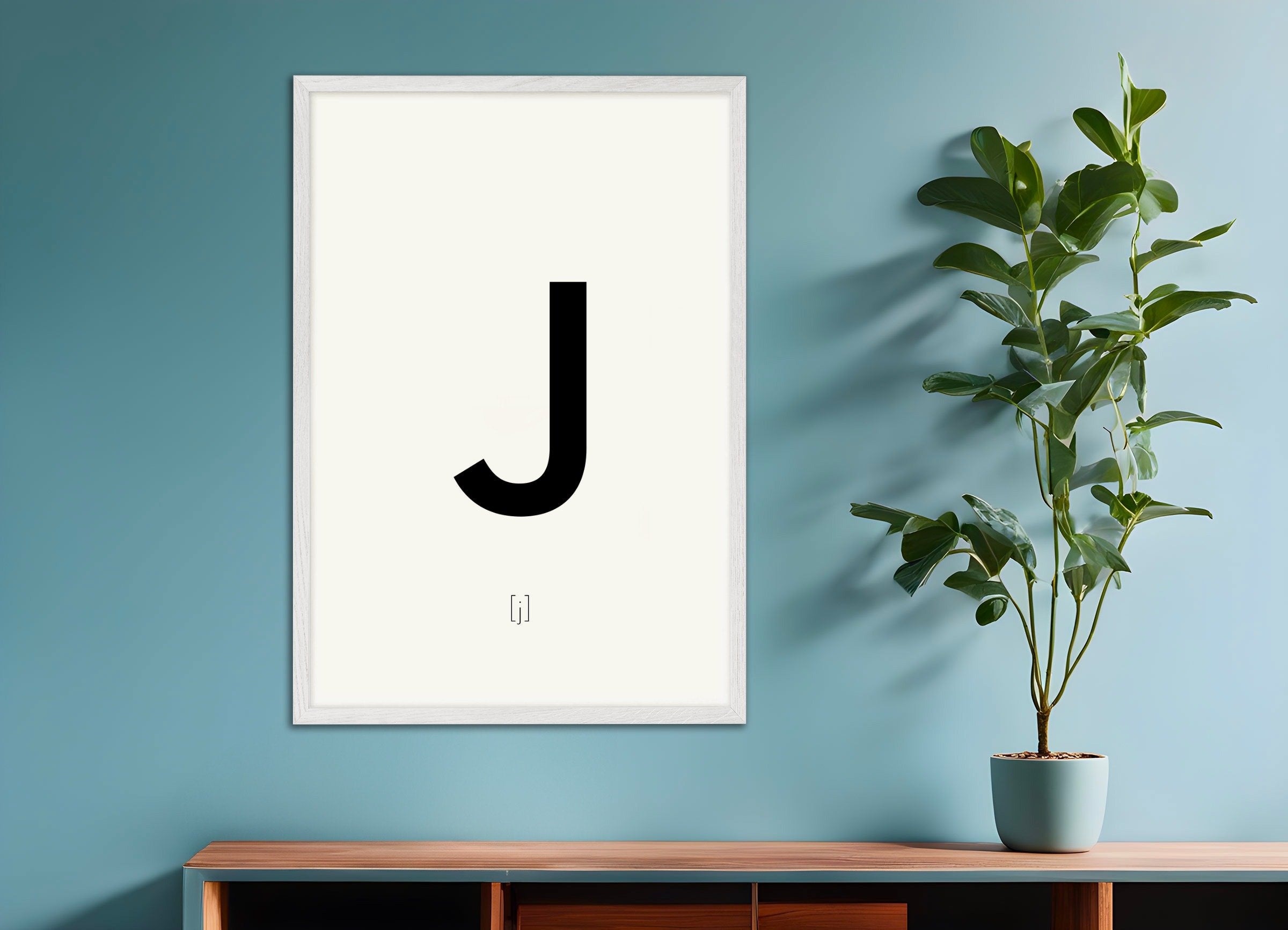 Poster of Letter J, with white wooden frame