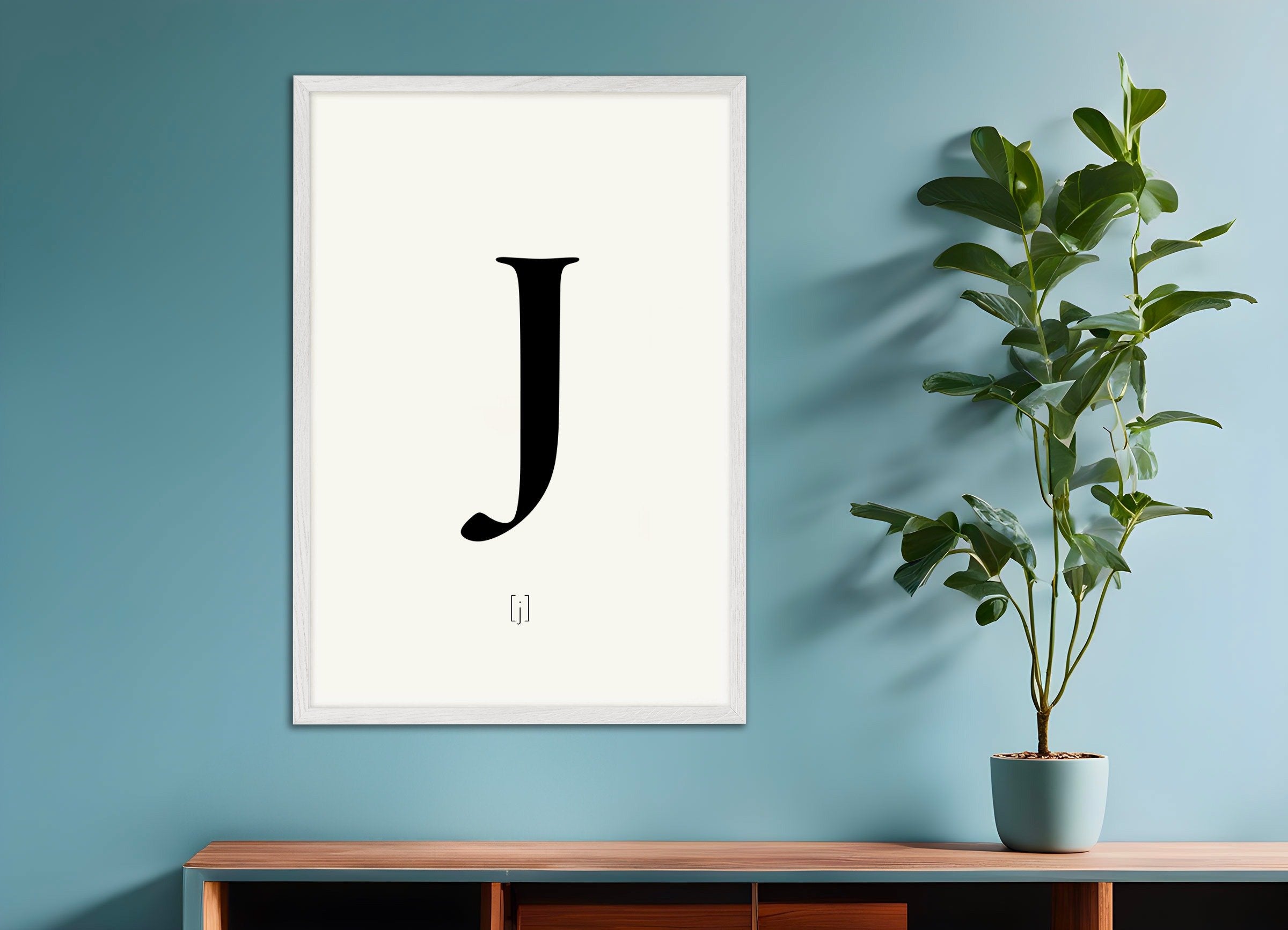 Poster of Letter J, with white wooden frame