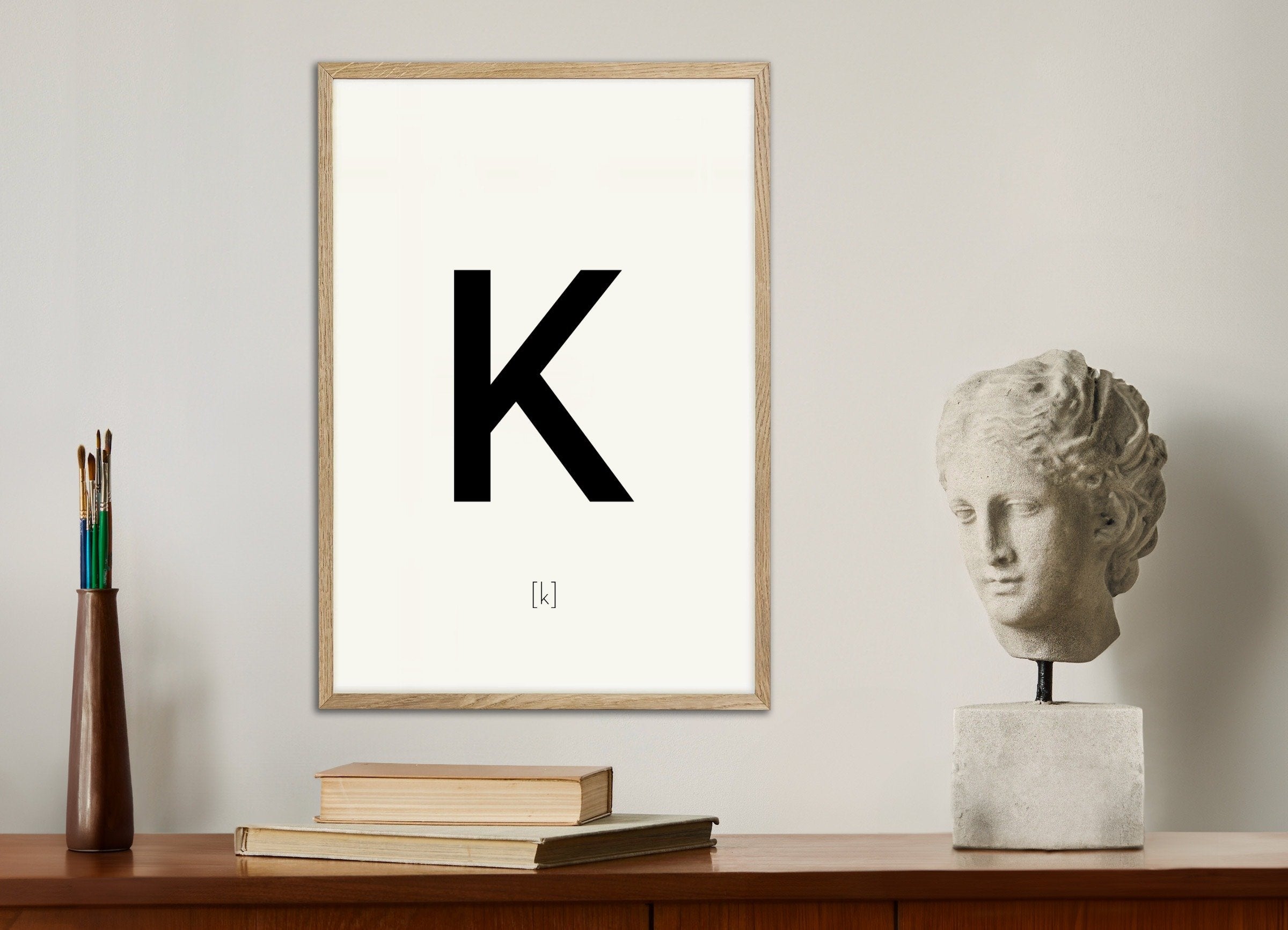 Poster of Letter K, with natural wooden frame