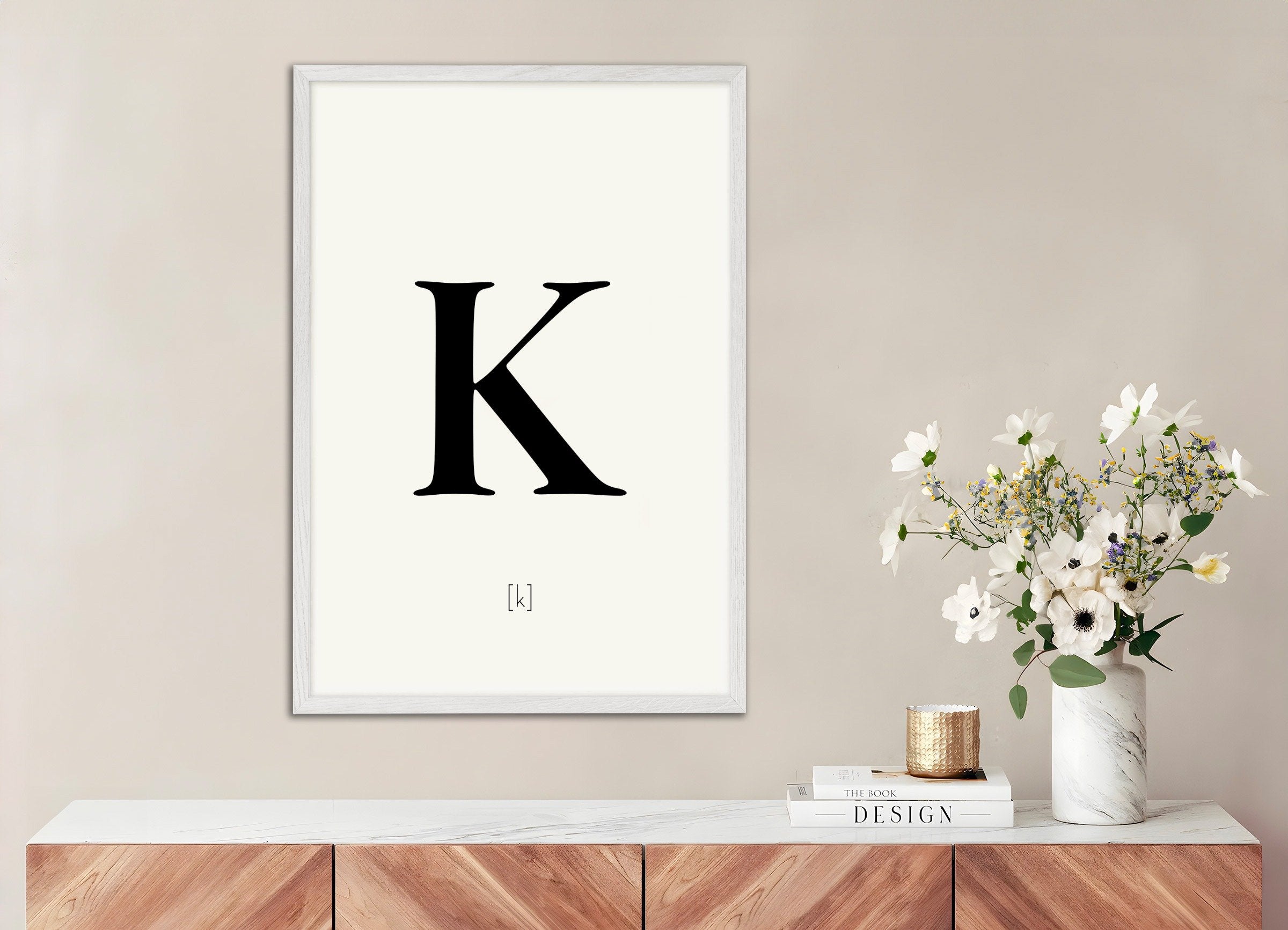 Poster of Letter K, with white wooden frame