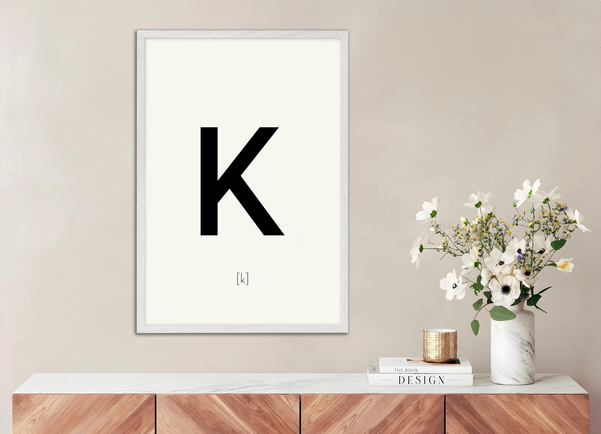 Poster of Letter K, with white wooden frame