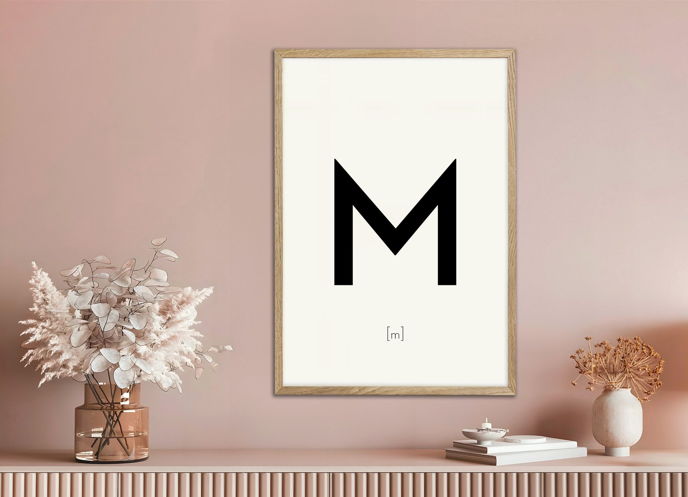 Poster of Letter M, with natural wooden frame