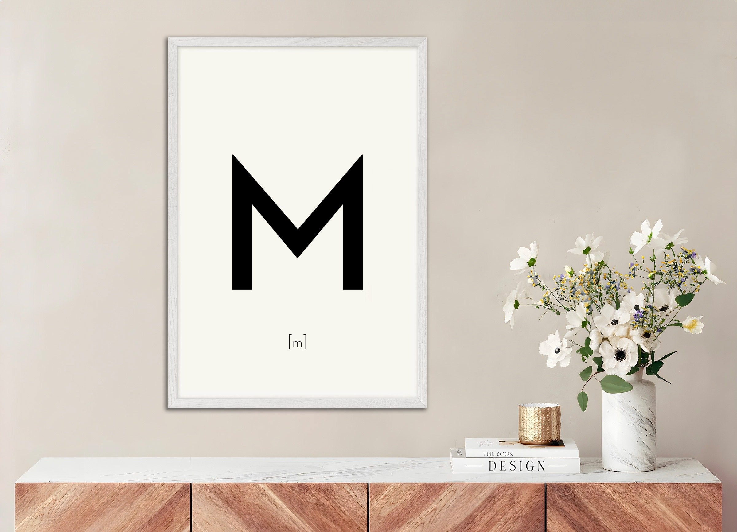 Poster of Letter M, with white wooden frame