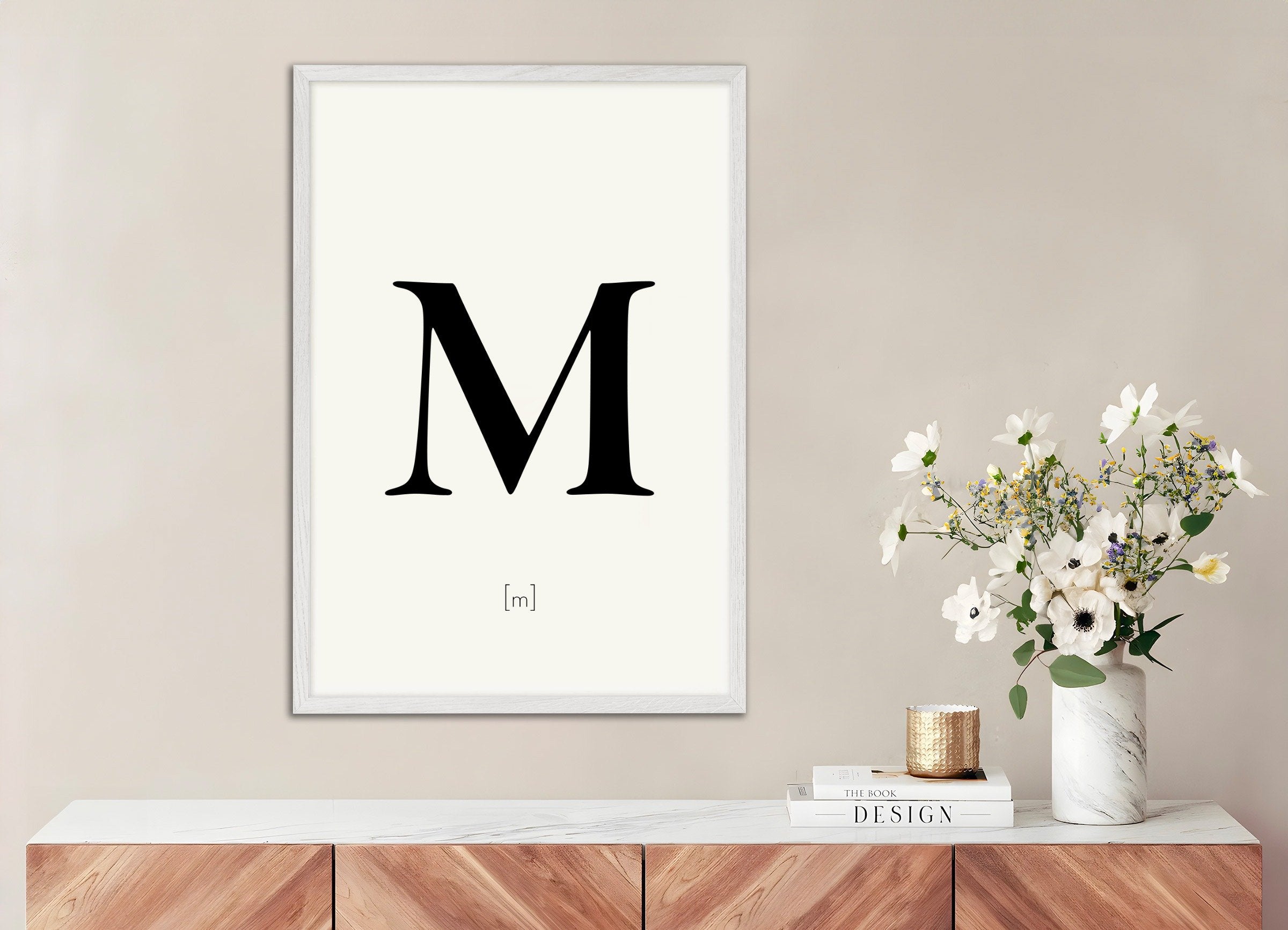 Poster of Letter M, with white wooden frame