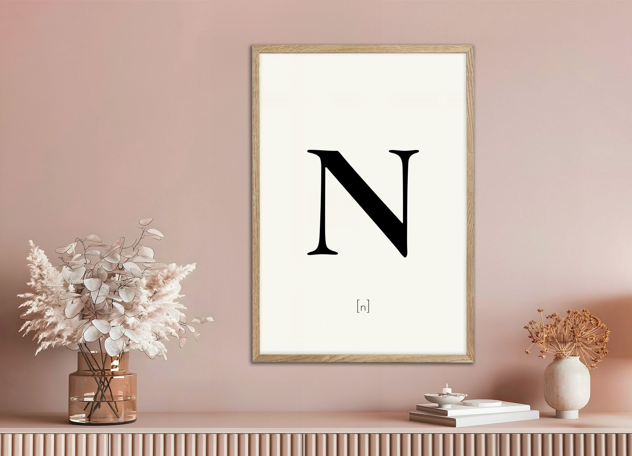 Poster of Letter N, with natural wooden frame