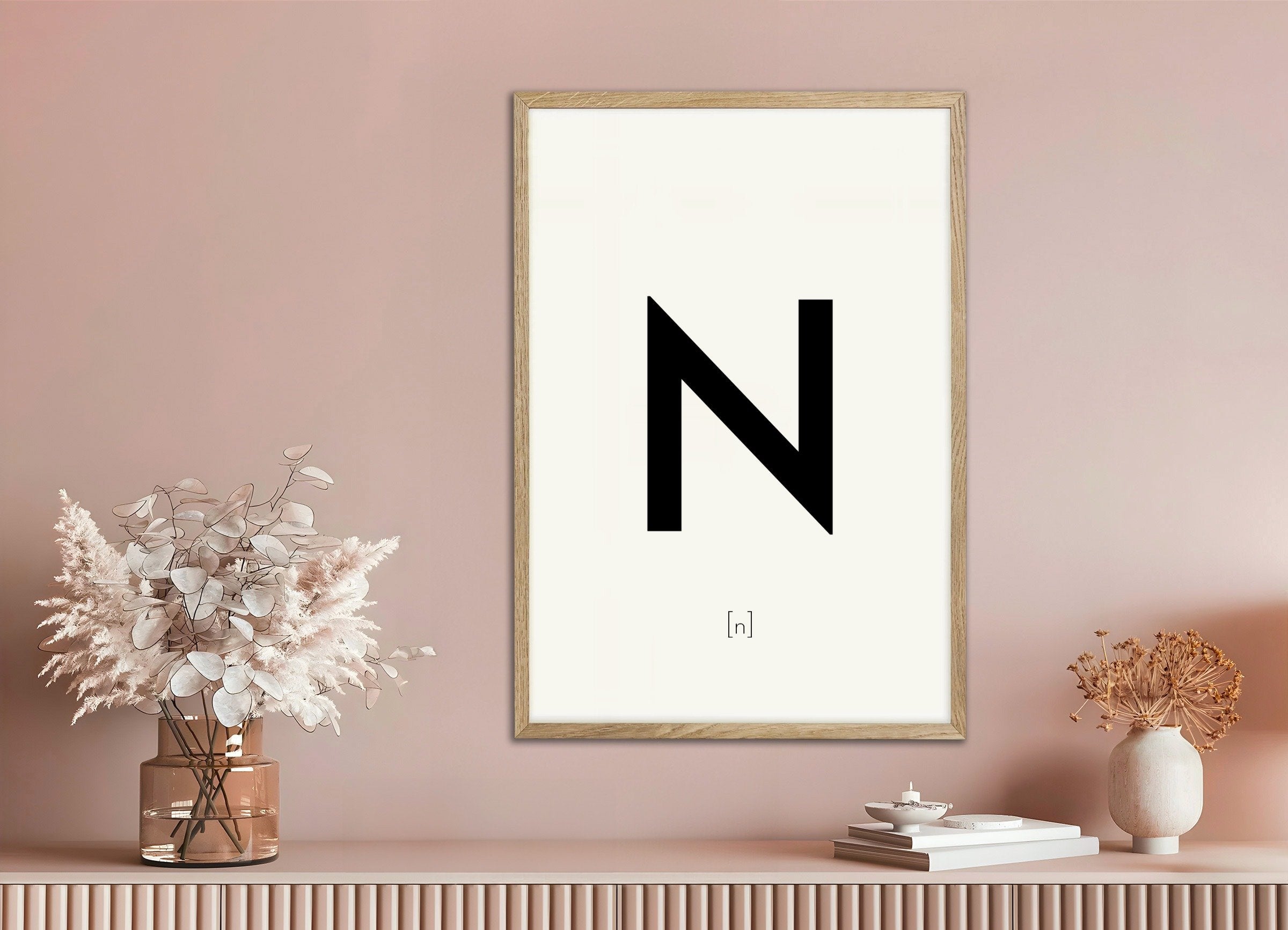 Poster of Letter N, with natural wooden frame