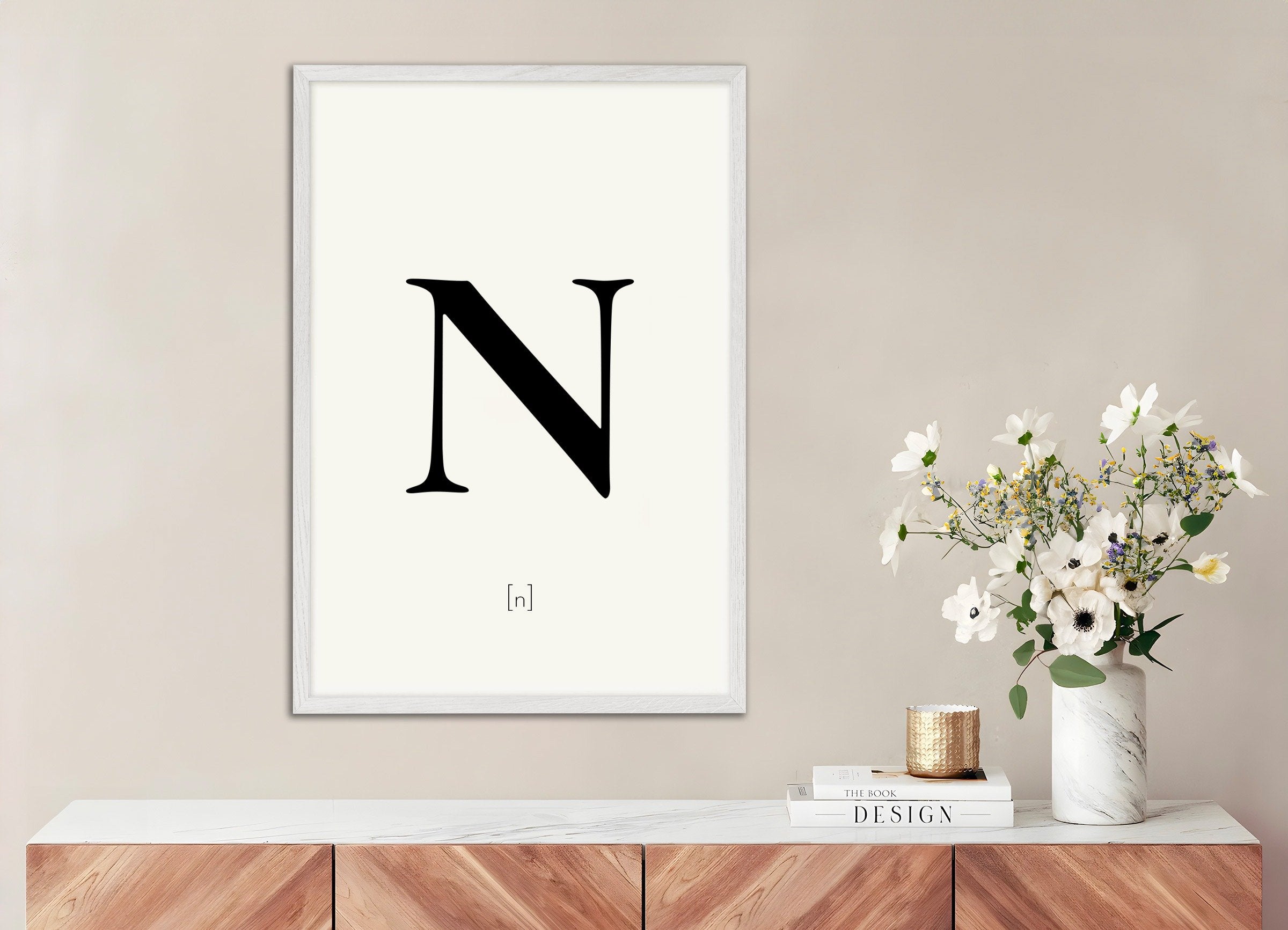 Poster of Letter N, with white wooden frame