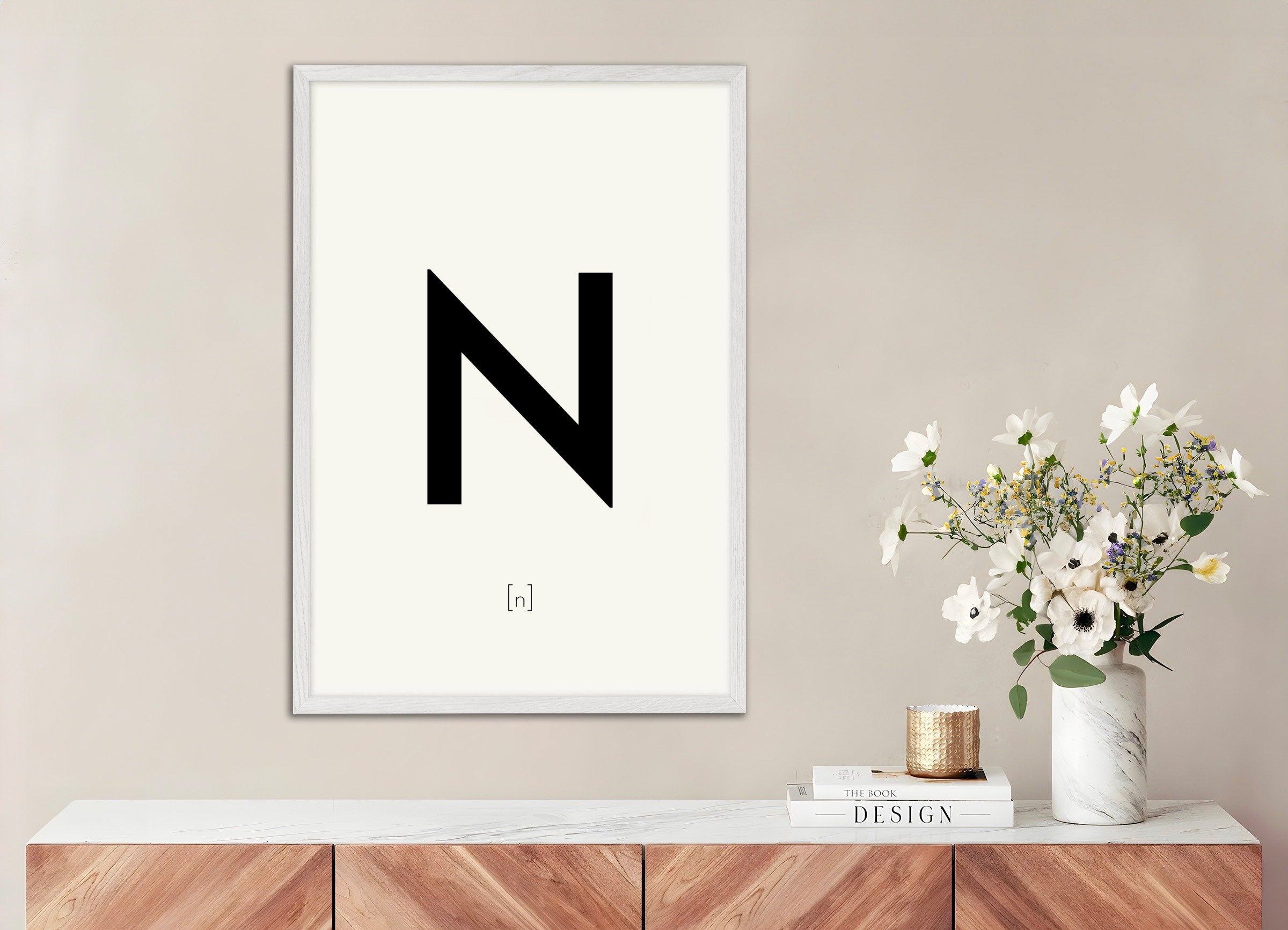 Poster of Letter N, with white wooden frame