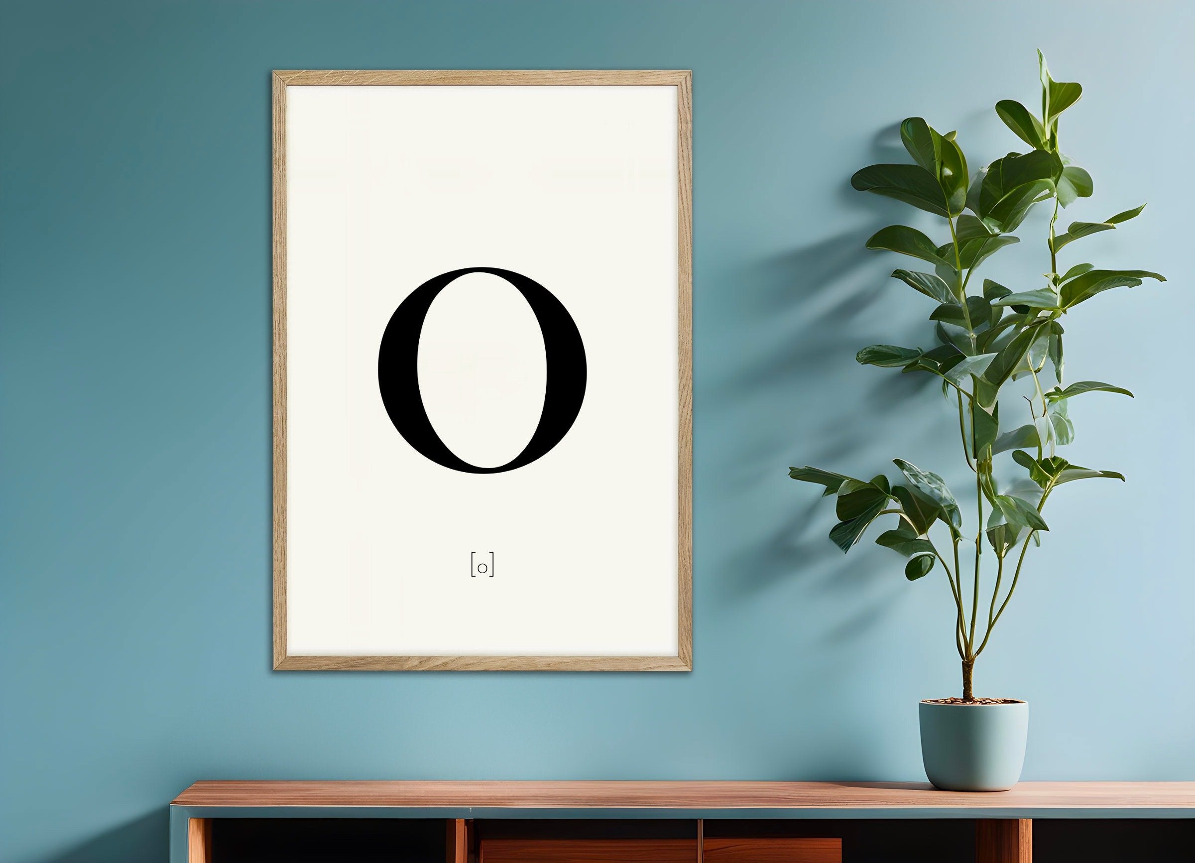 Poster of Letter O, with natural wooden frame