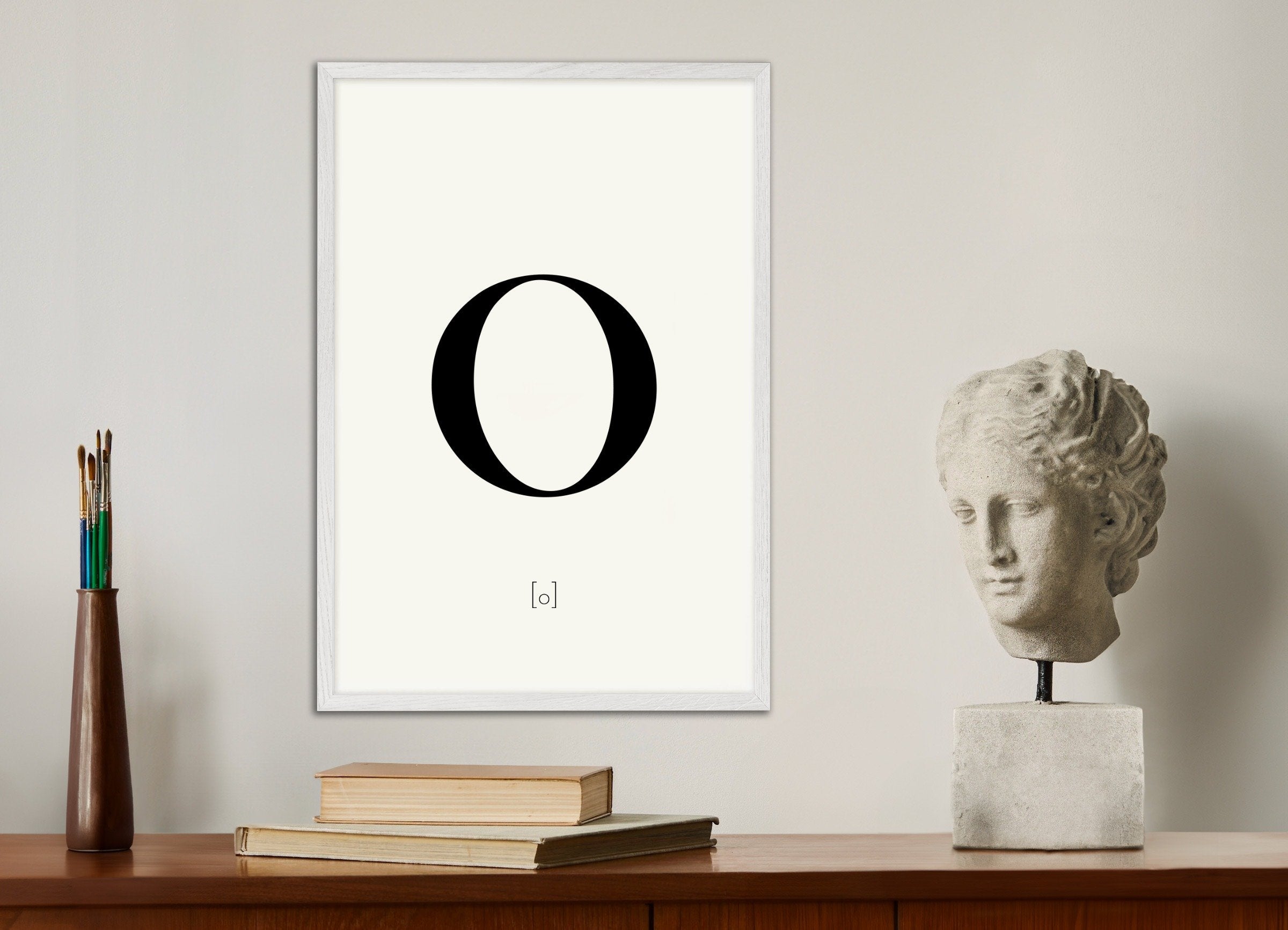 Poster of Letter O, with white wooden frame