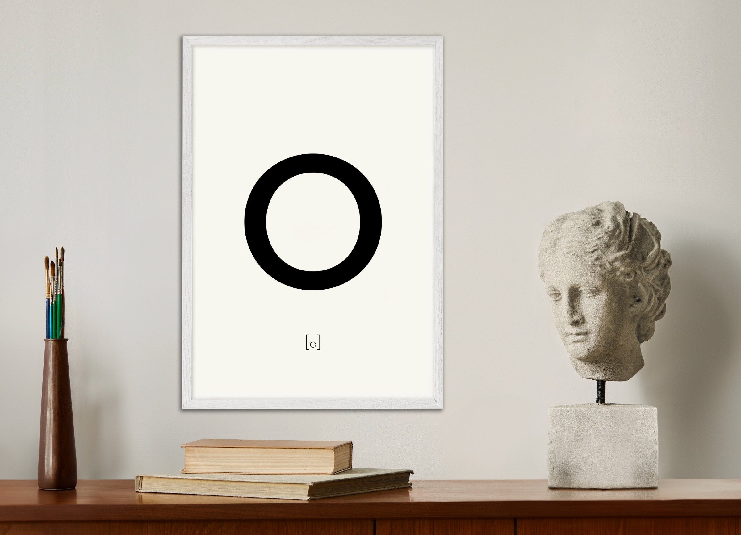 Poster of Letter O, with white wooden frame