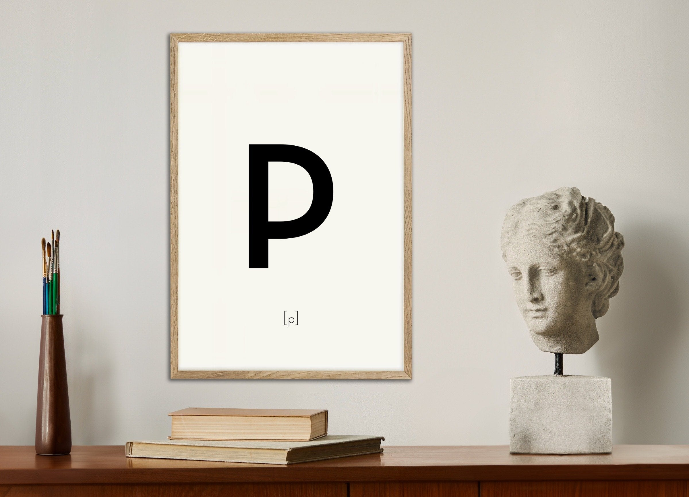 Poster of Letter P, with natural wooden frame