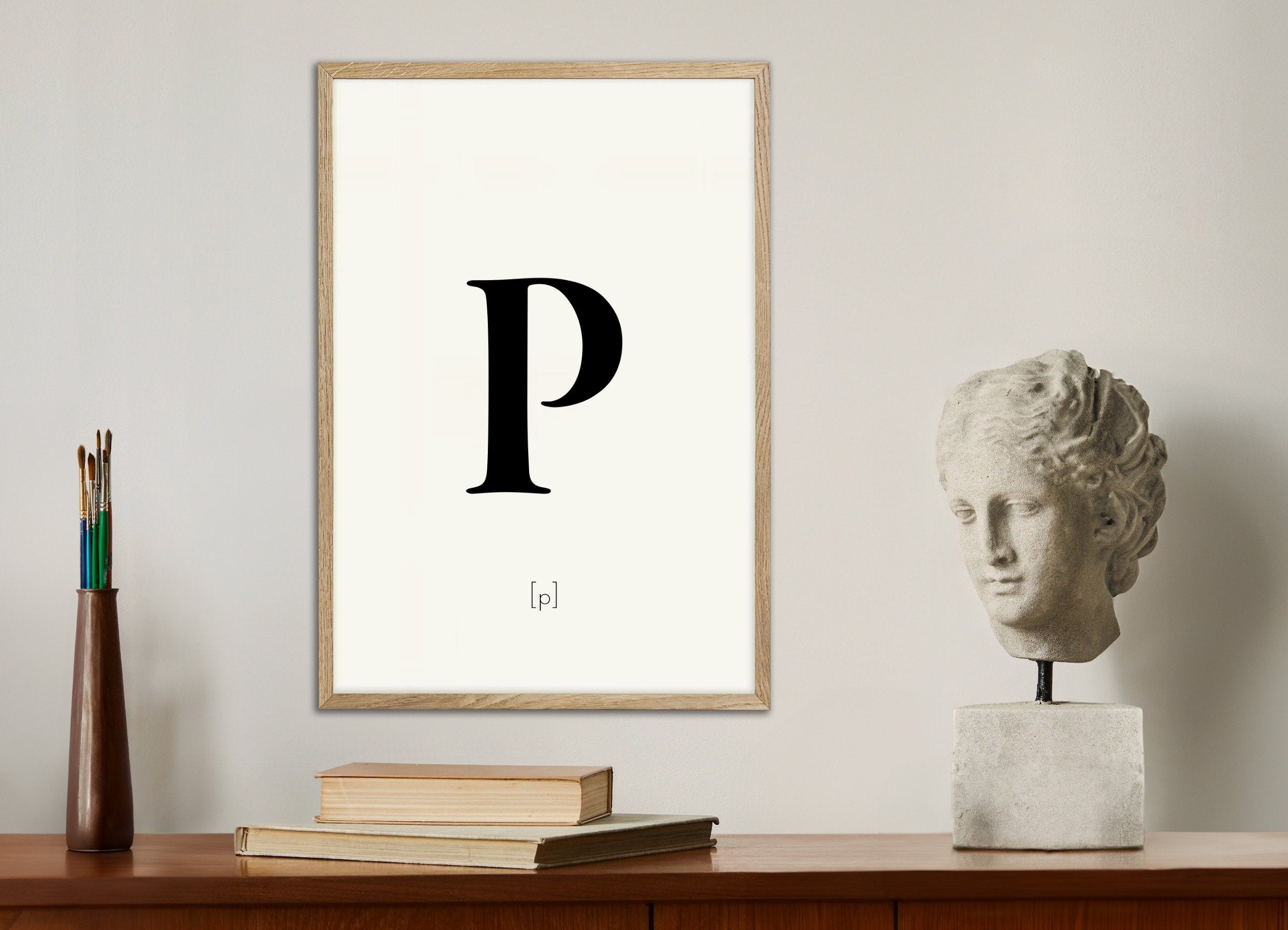 Poster of Letter P, with natural wooden frame