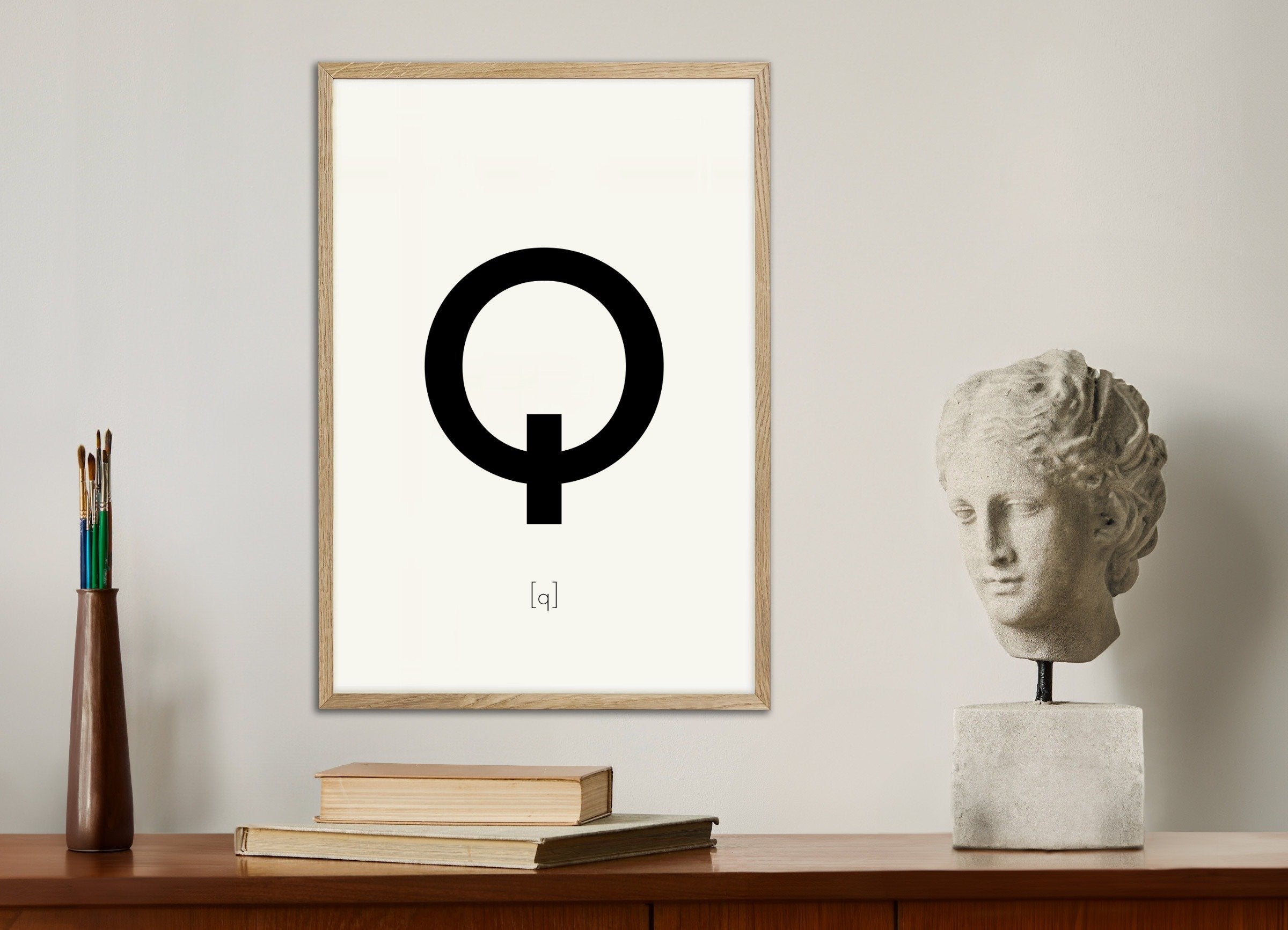 Poster of Letter Q, with natural wooden frame