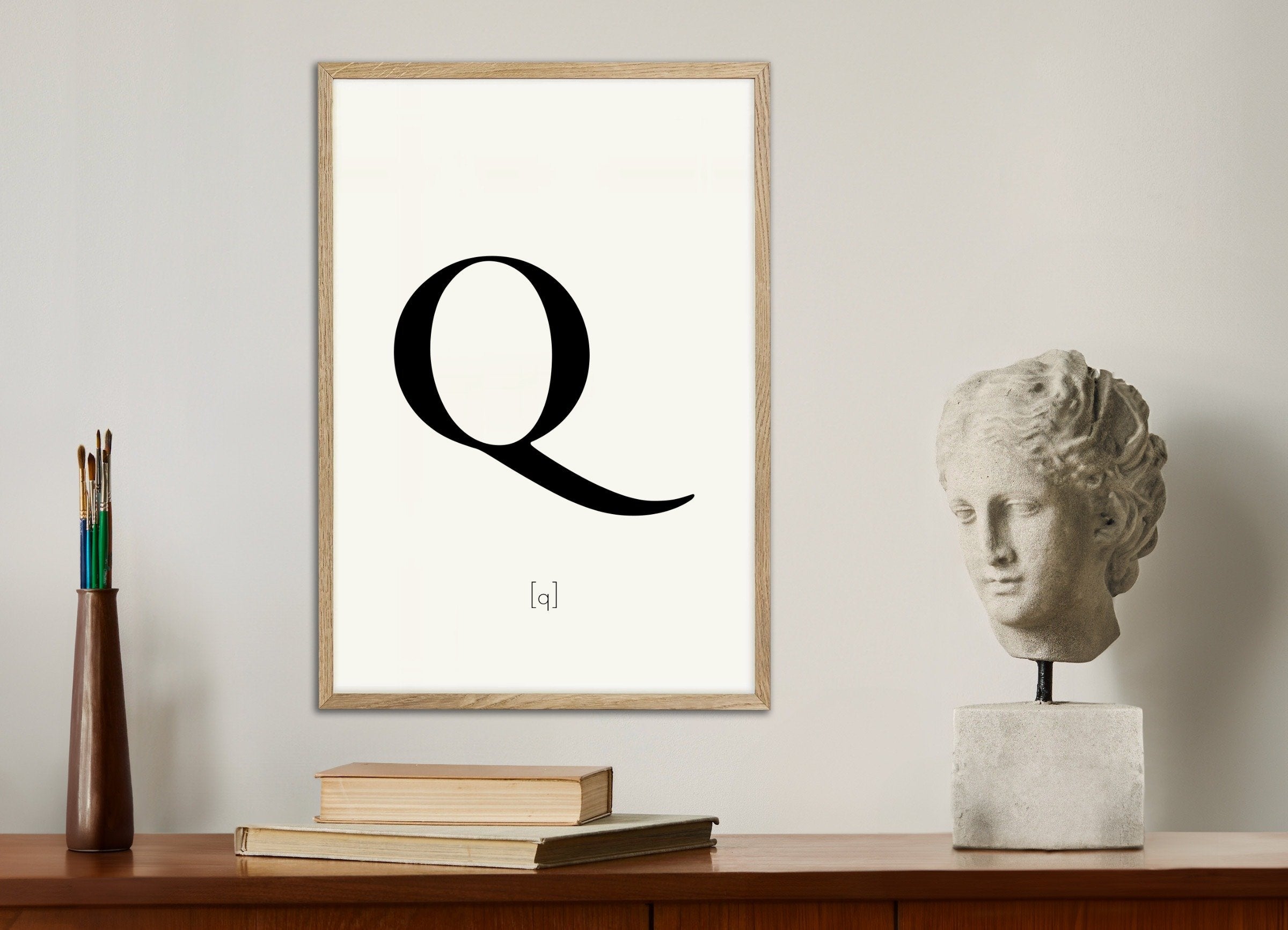 Poster of Letter Q, with natural wooden frame