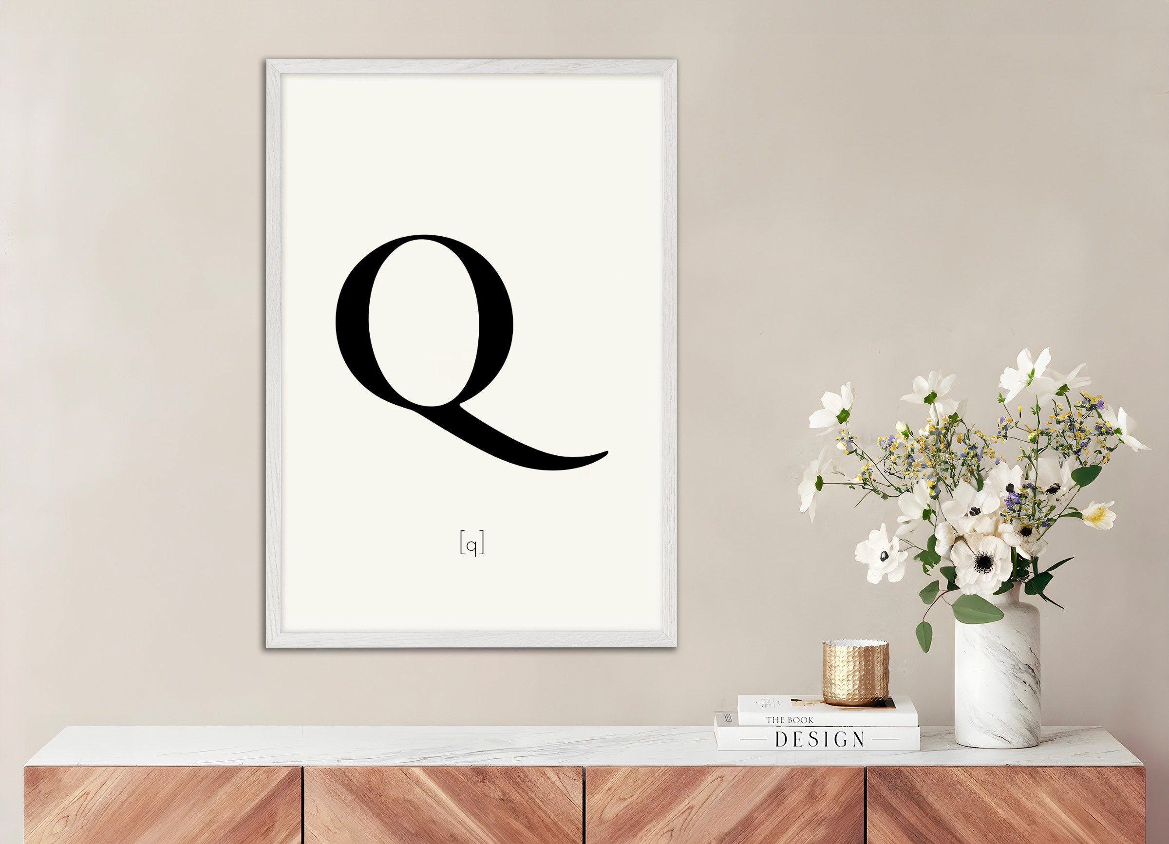 Poster of Letter Q, with white wooden frame