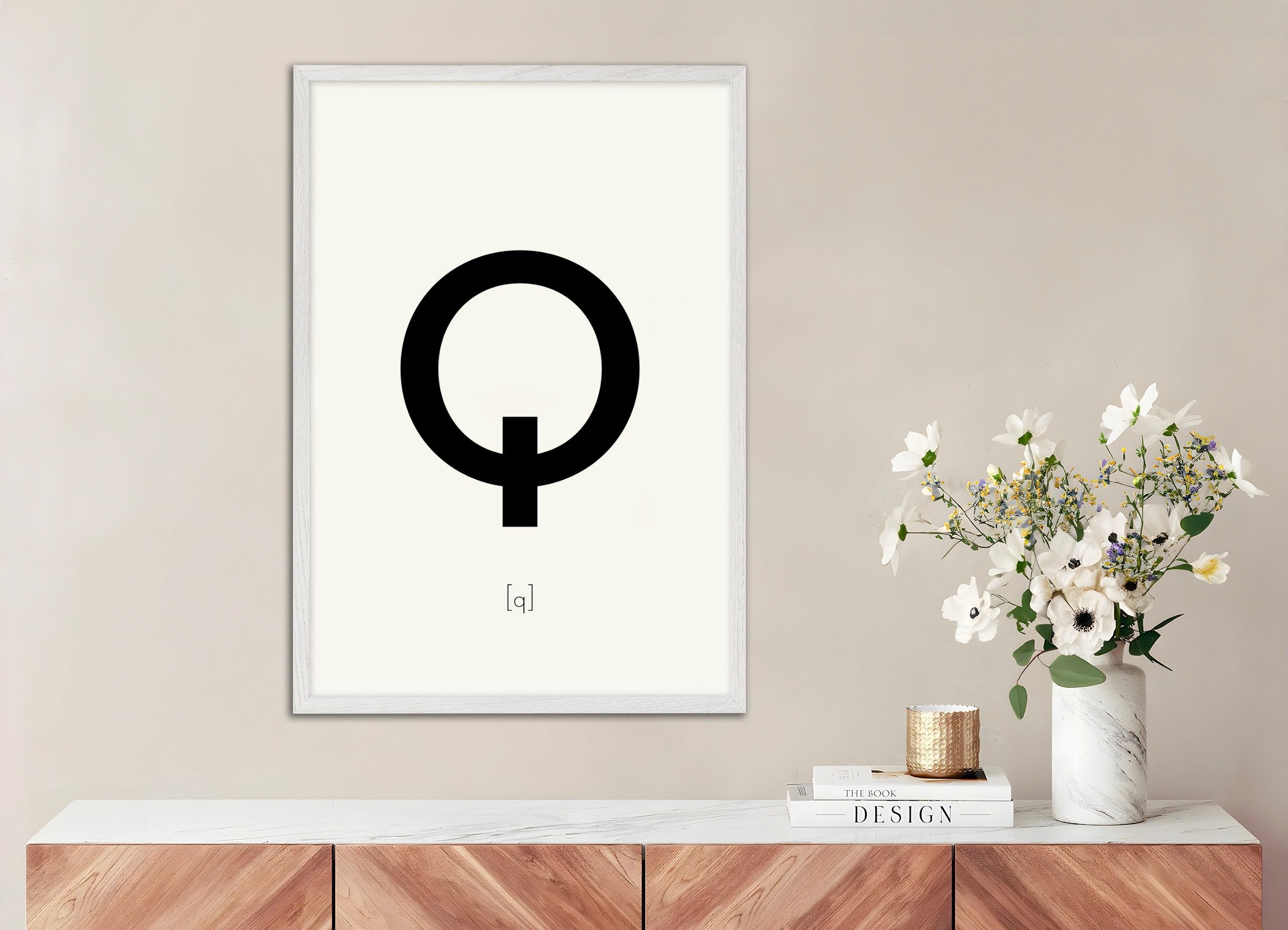 Poster of Letter Q, with white wooden frame