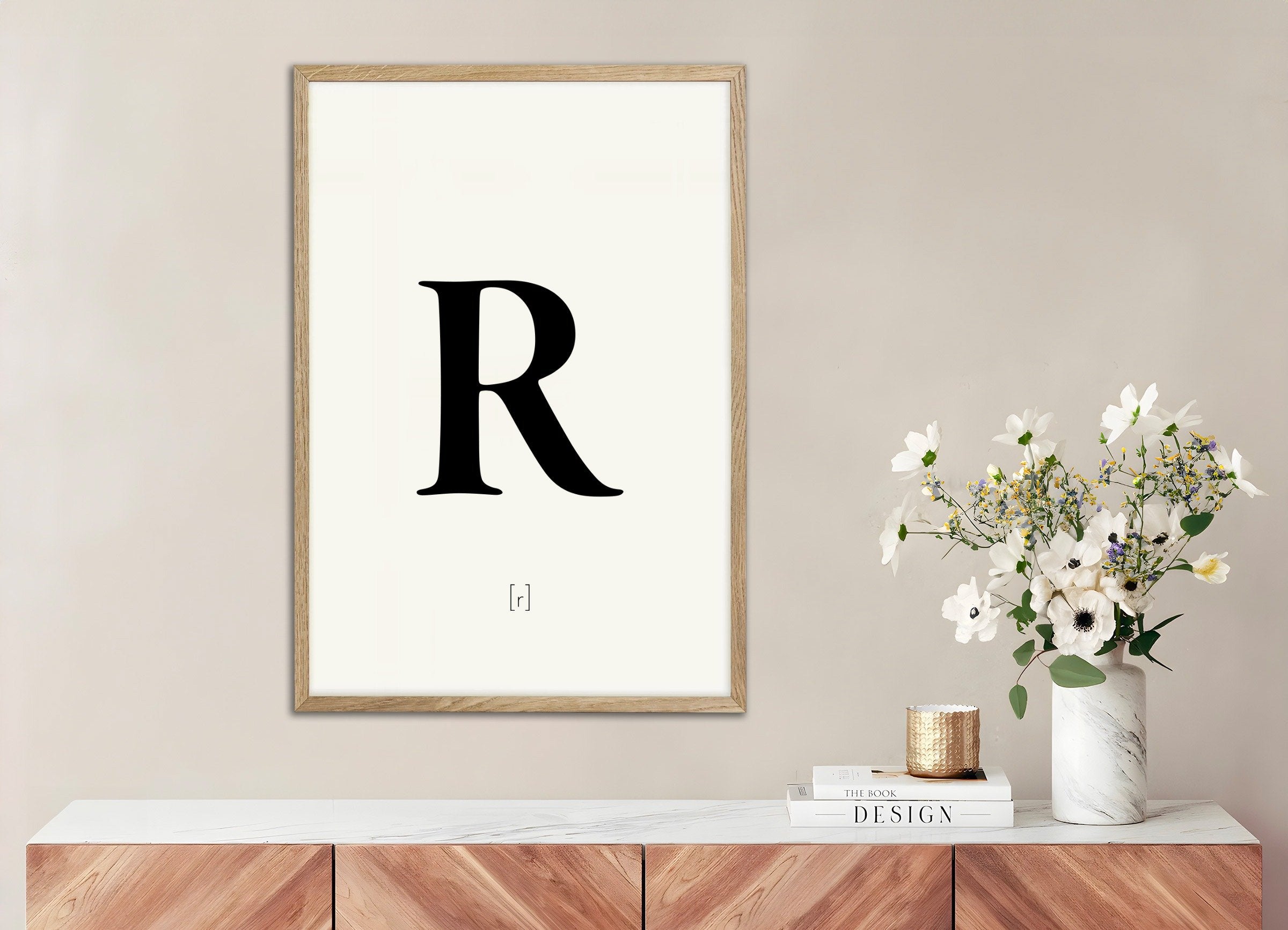 Poster of Letter R, with natural wooden frame