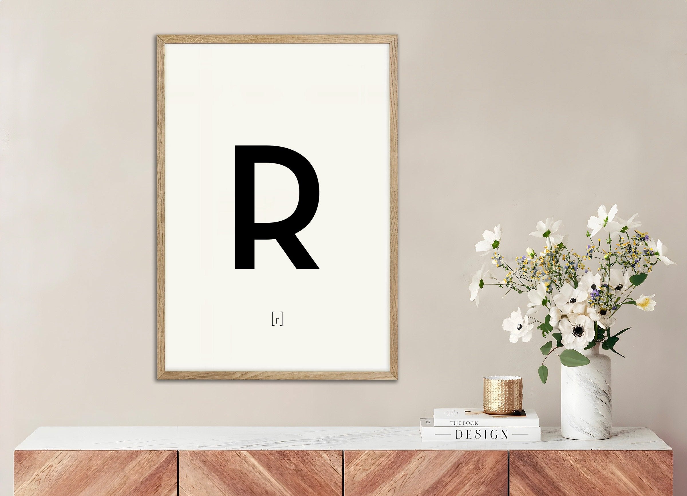 Poster of Letter R, with natural wooden frame