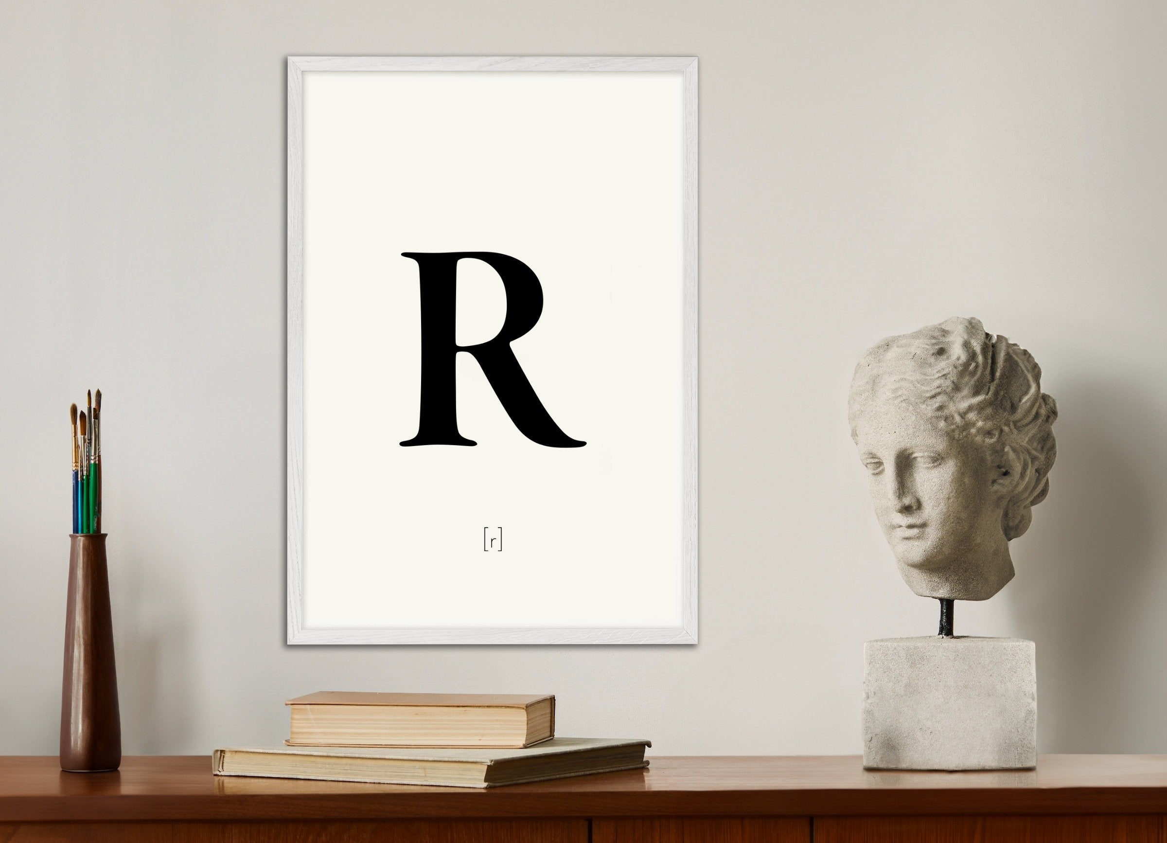 Poster of Letter R, with white wooden frame