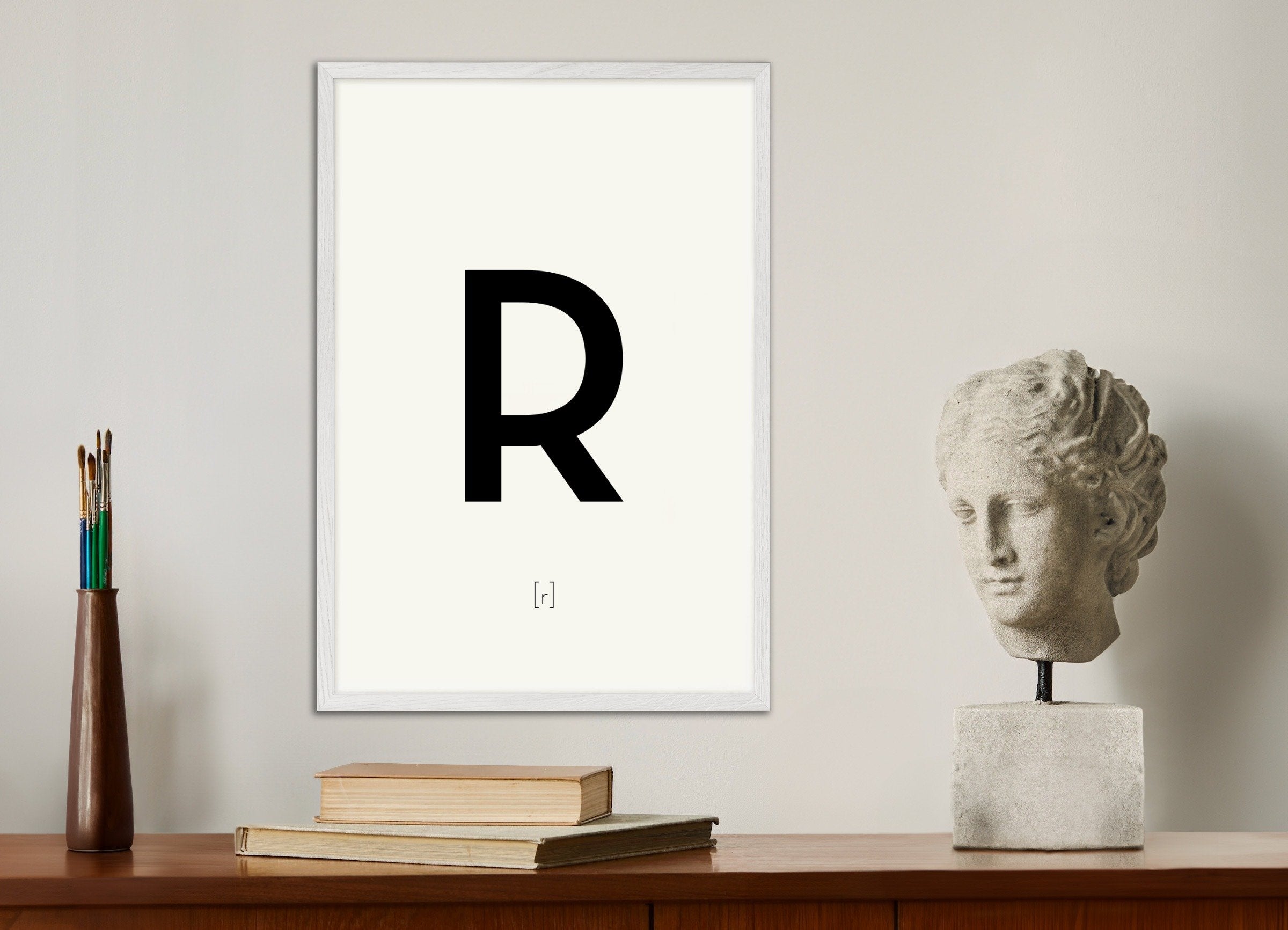 Poster of Letter R, with white wooden frame