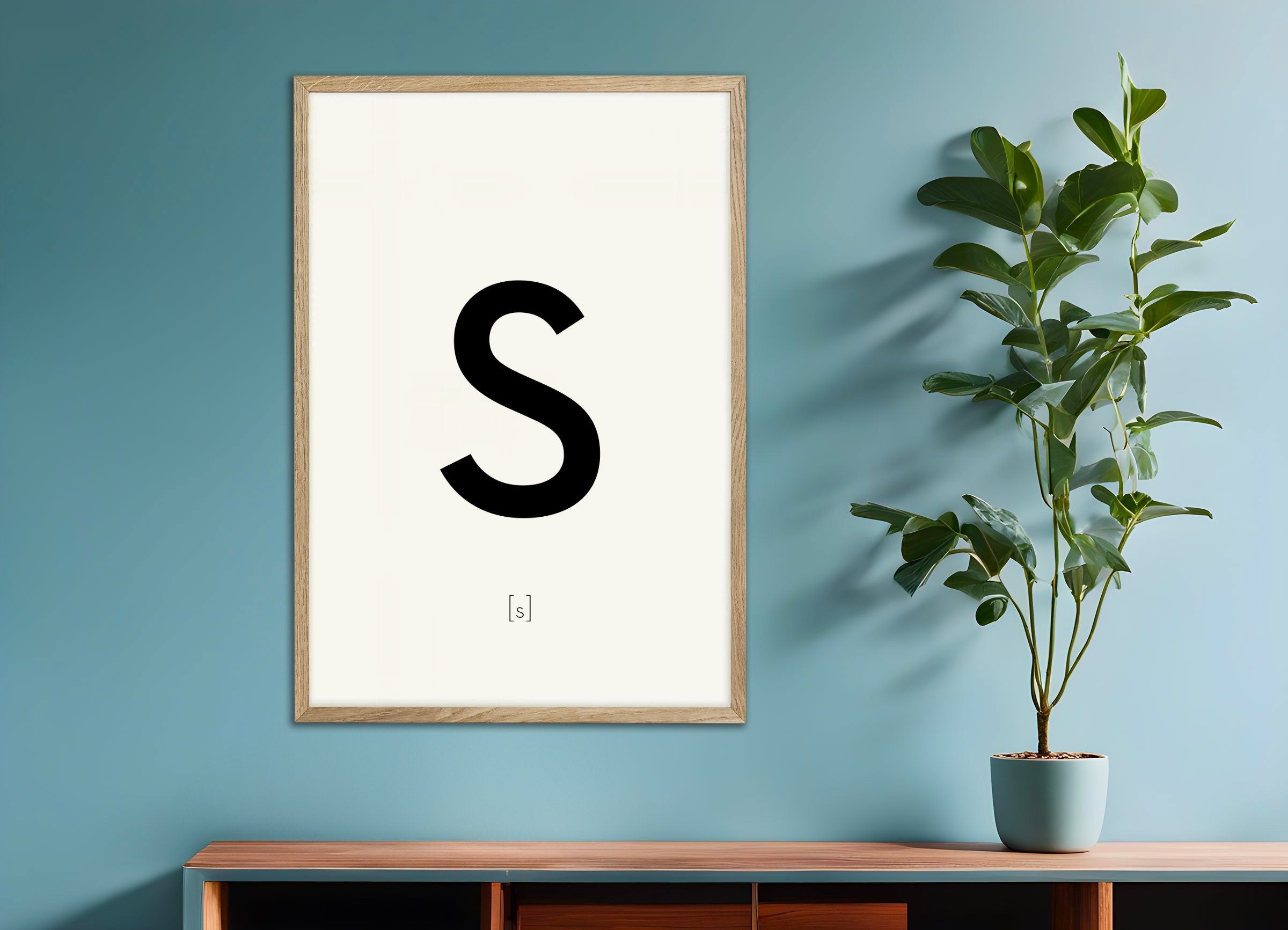 Poster of Letter S, with natural wooden frame