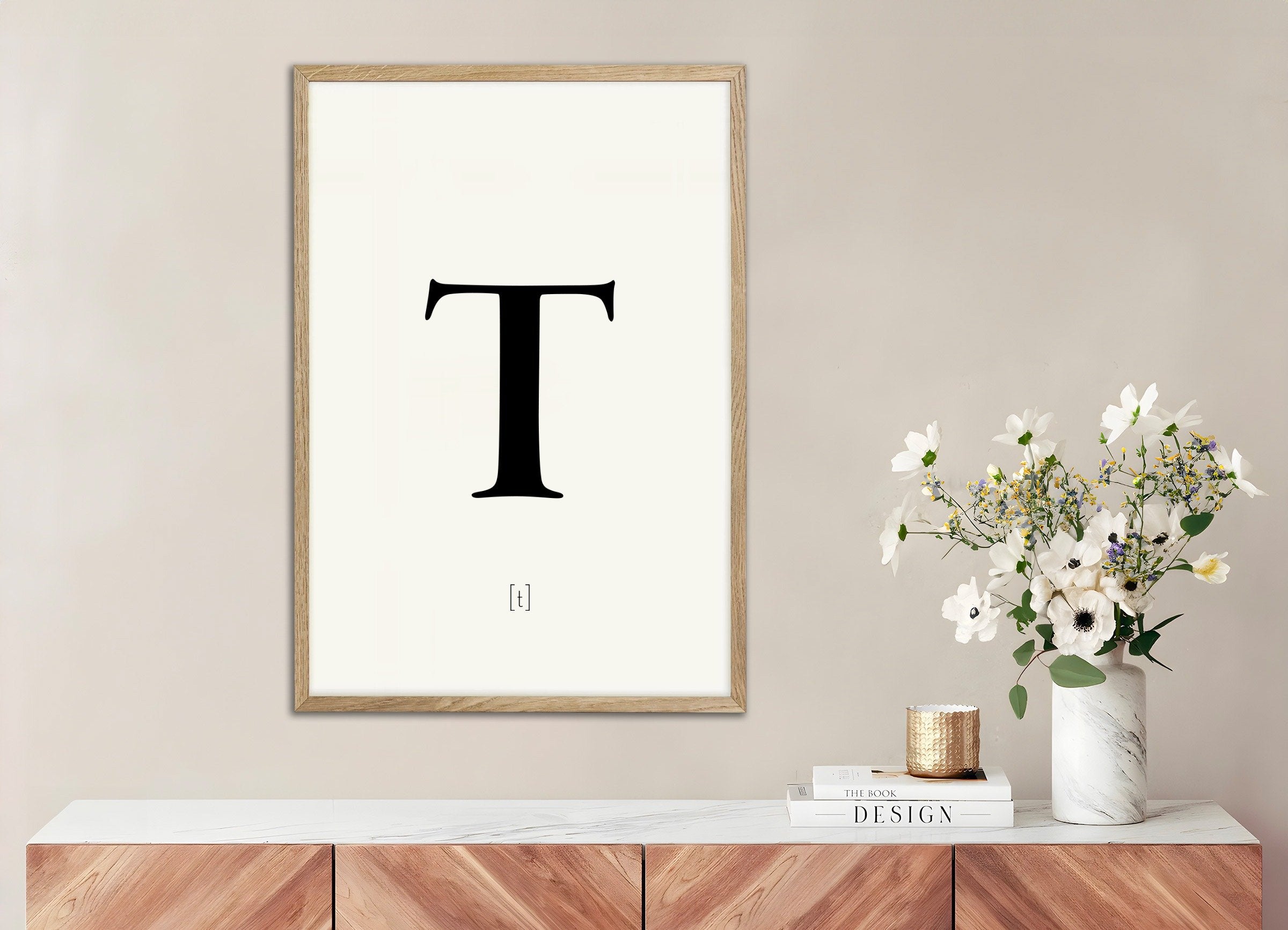 Poster of Letter T, with natural wooden frame