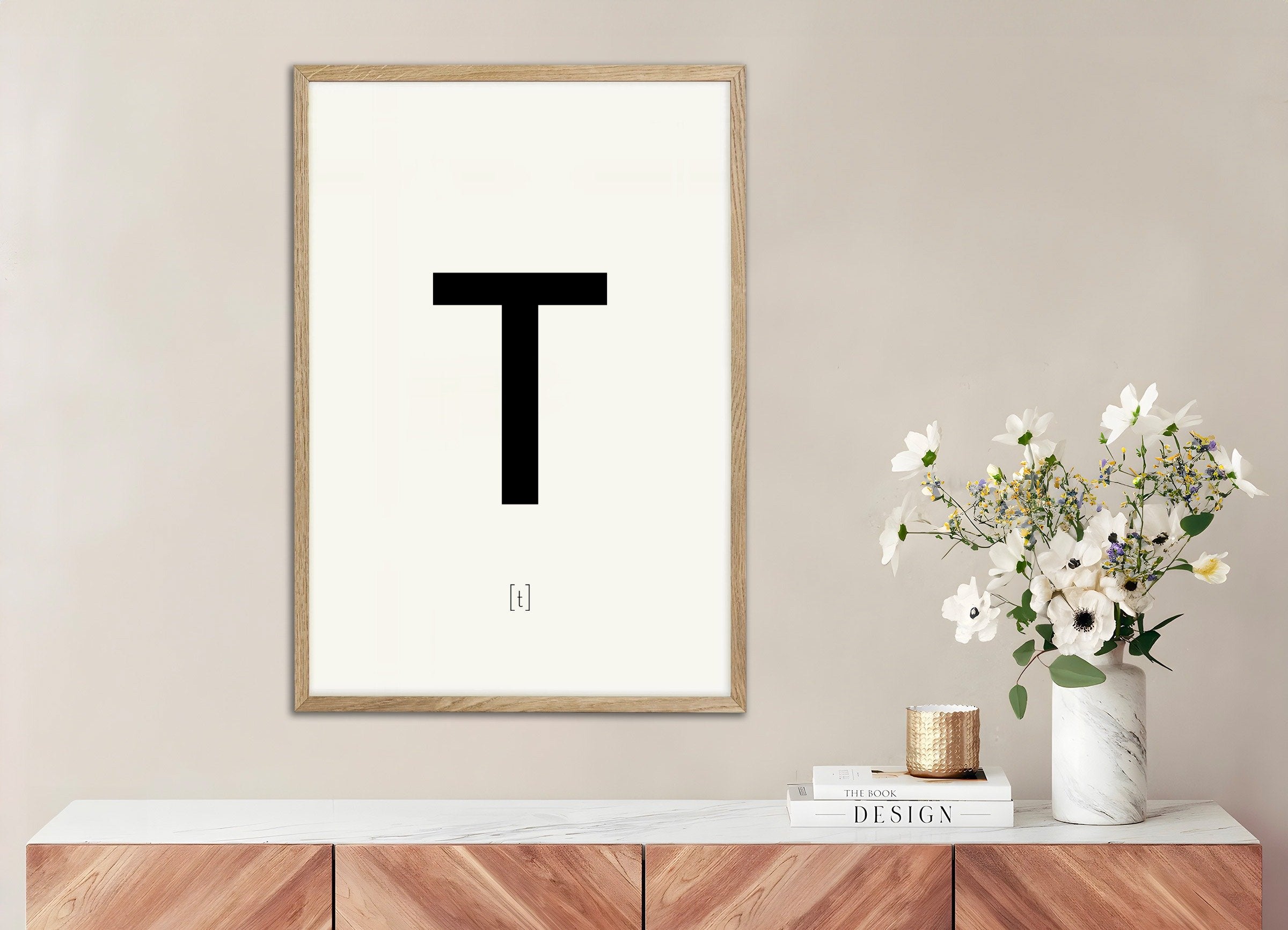 Poster of Letter T, with natural wooden frame