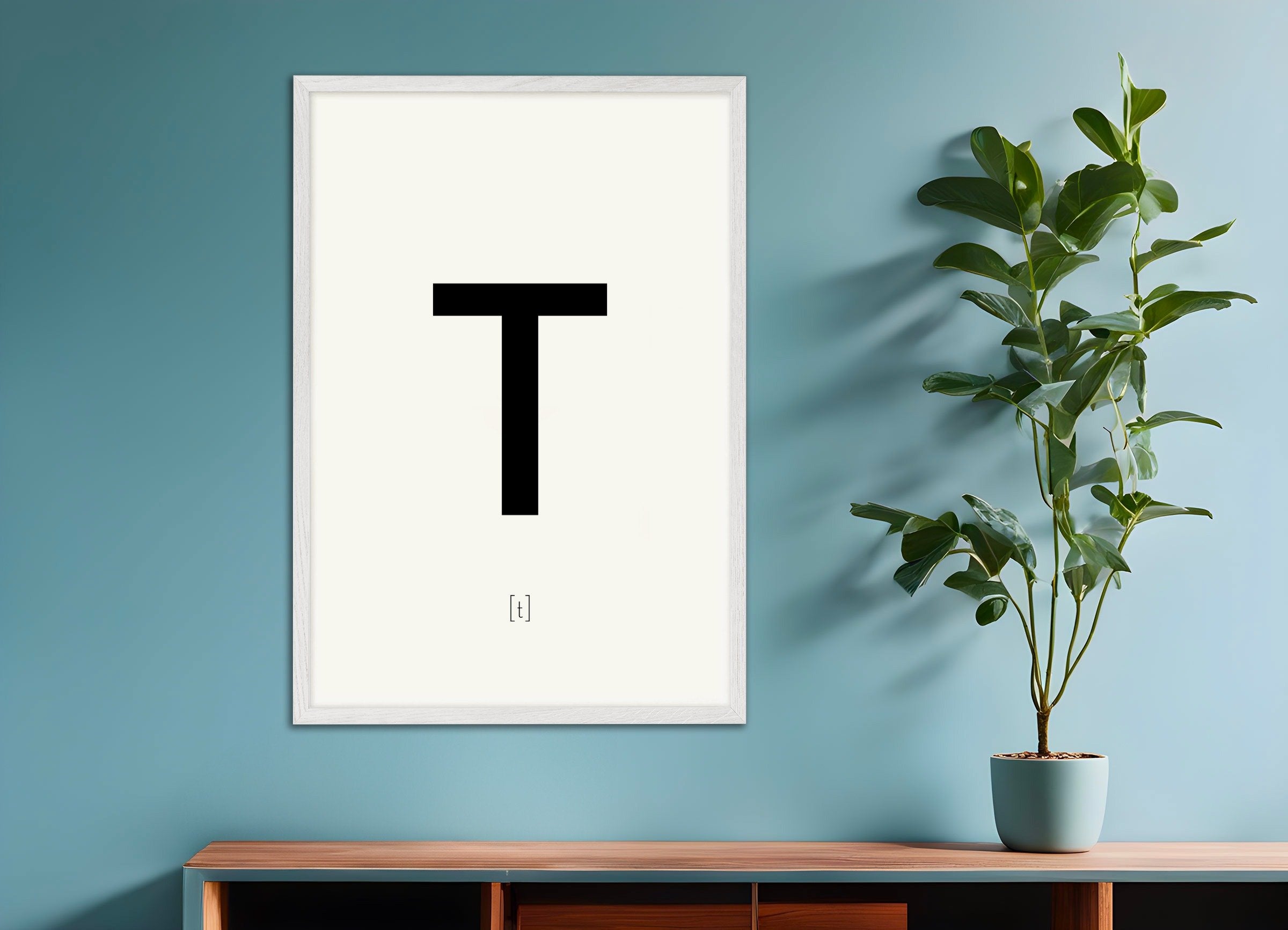 Poster of Letter T, with white wooden frame