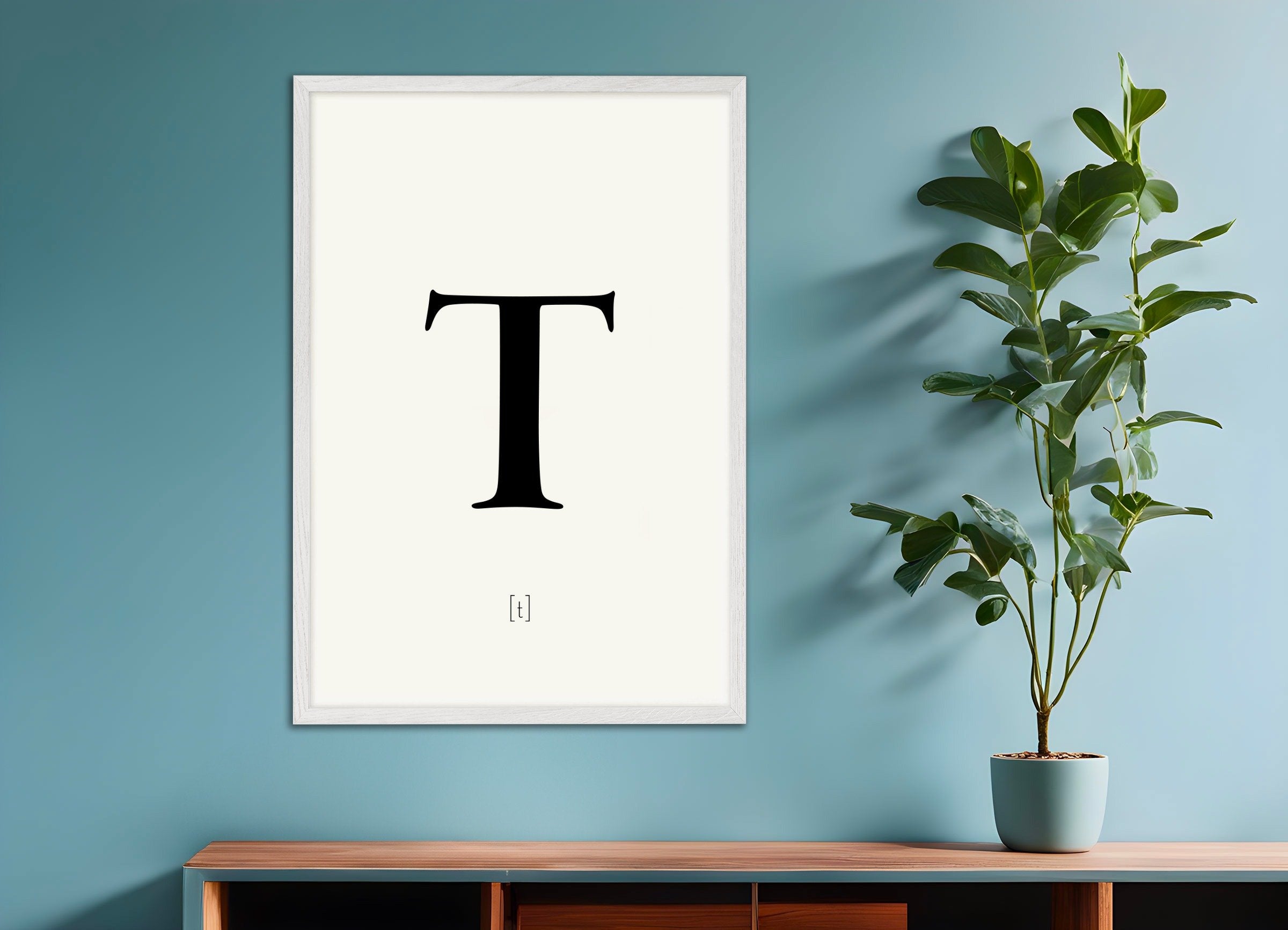 Poster of Letter T, with white wooden frame