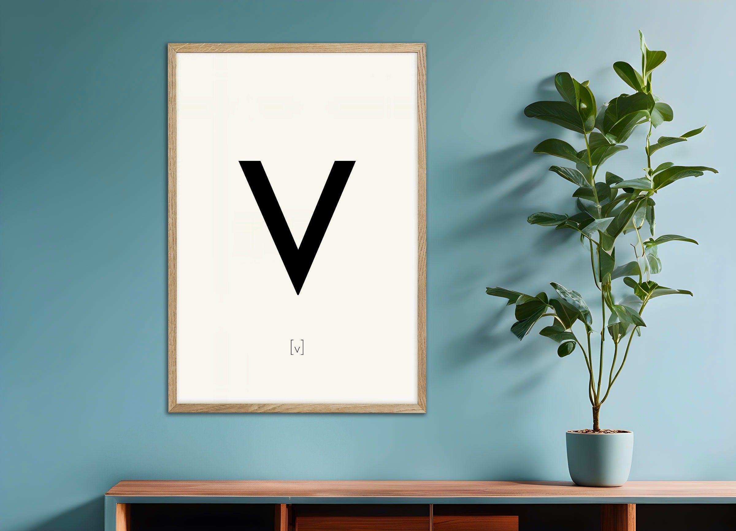 Poster of Letter V, with natural wooden frame