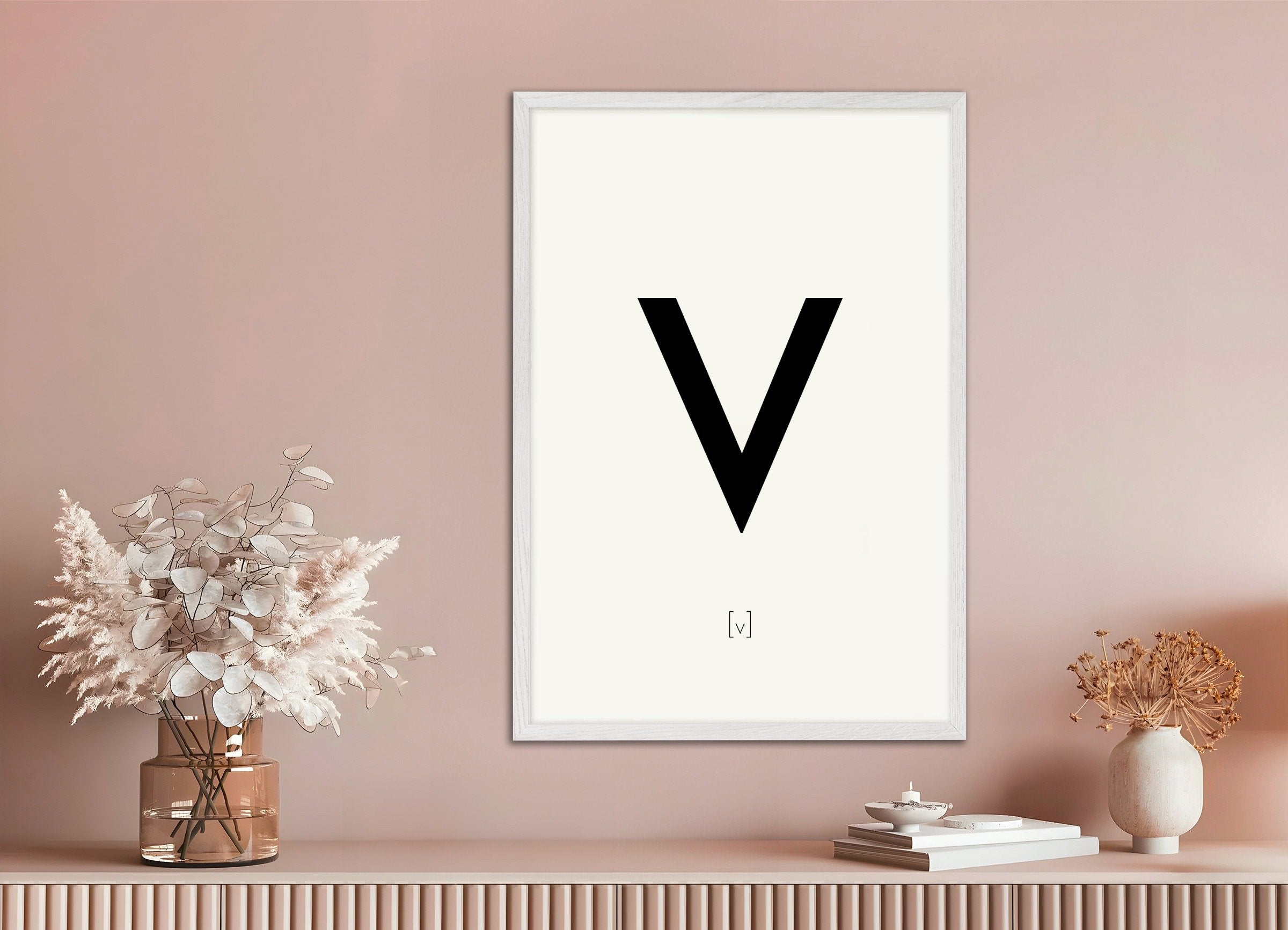 Poster of Letter V, with white wooden frame