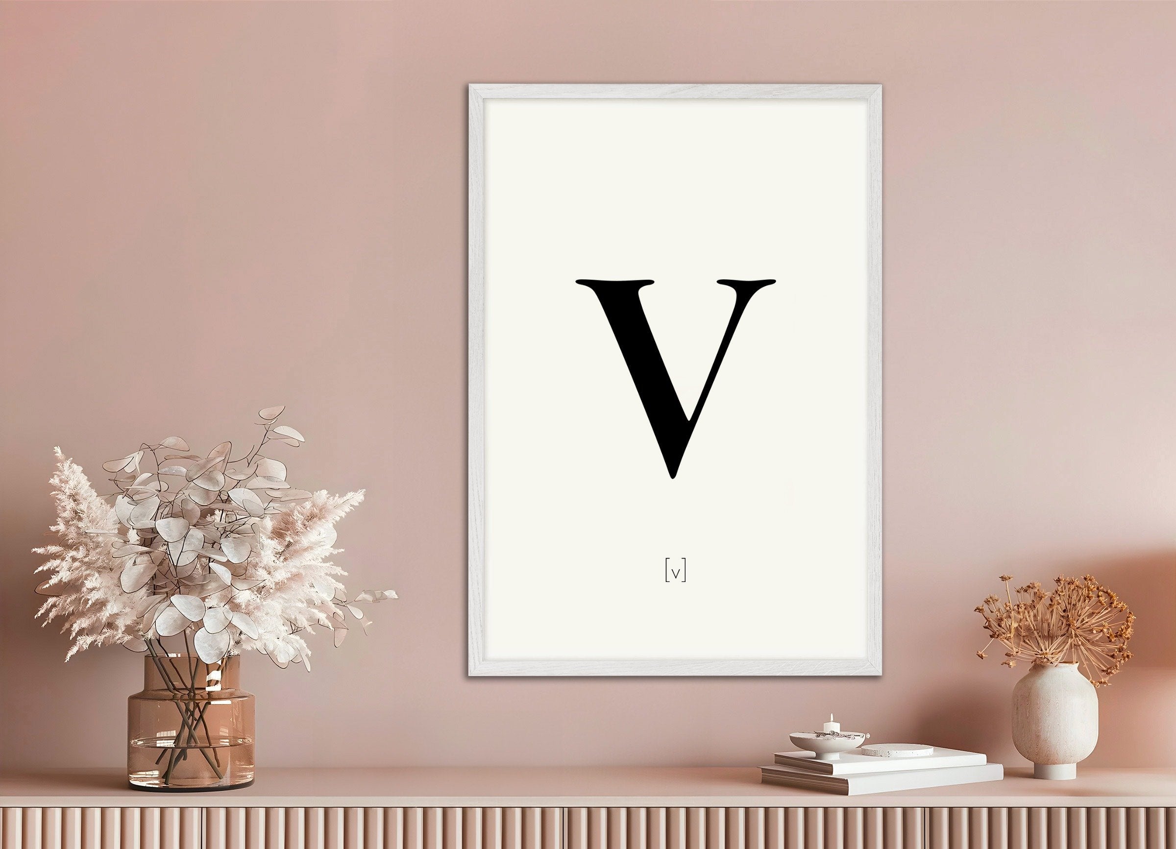 Poster of Letter V, with white wooden frame