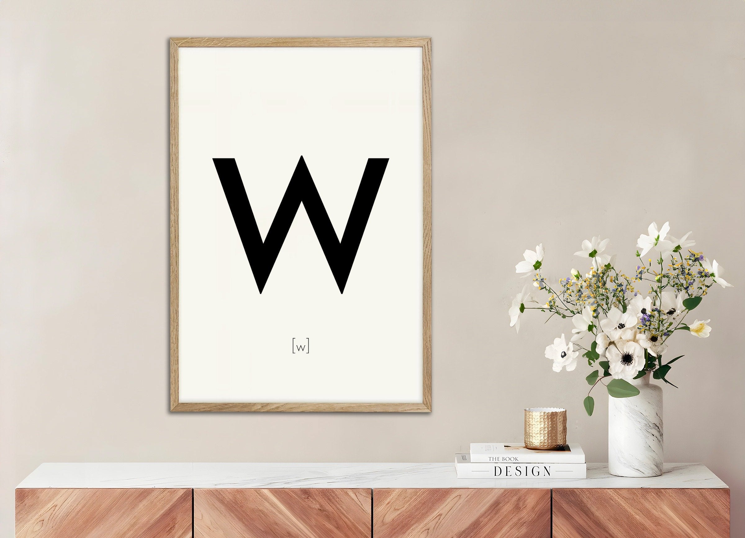 Poster of Letter W, with natural wooden frame