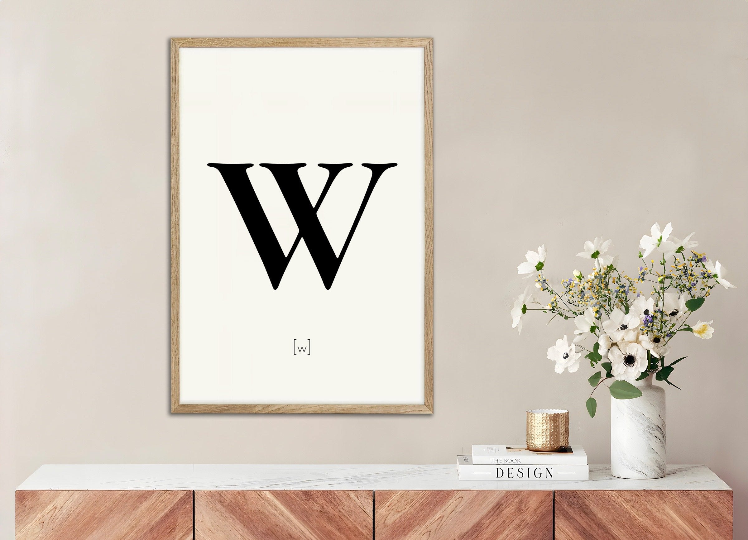 Poster of Letter W, with natural wooden frame