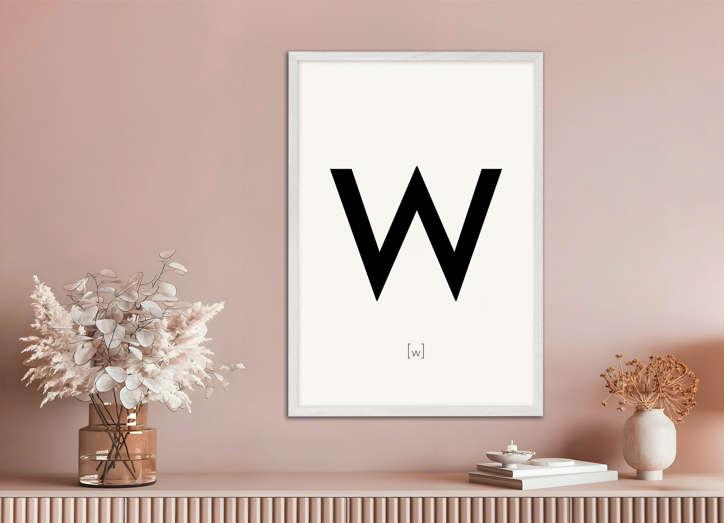 Poster of Letter W, with white wooden frame