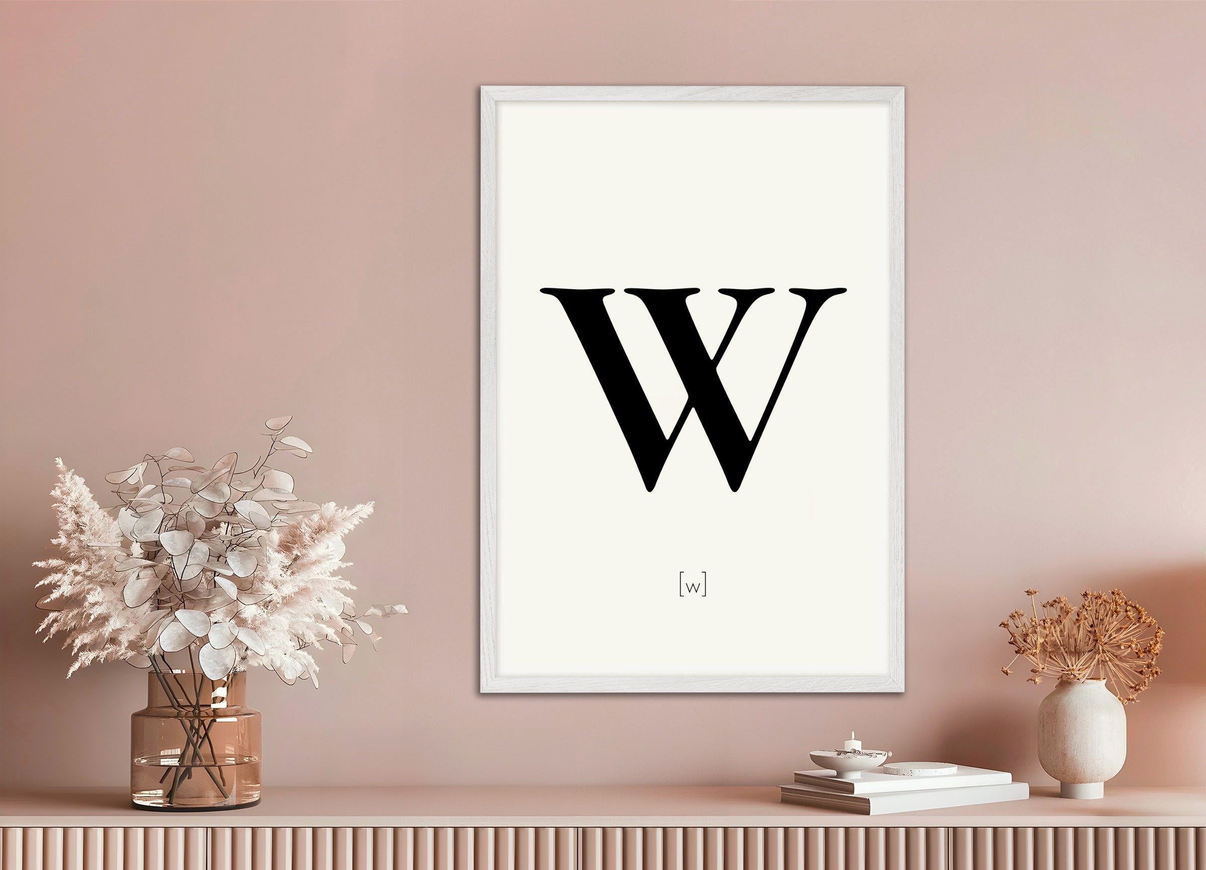 Poster of Letter W, with white wooden frame