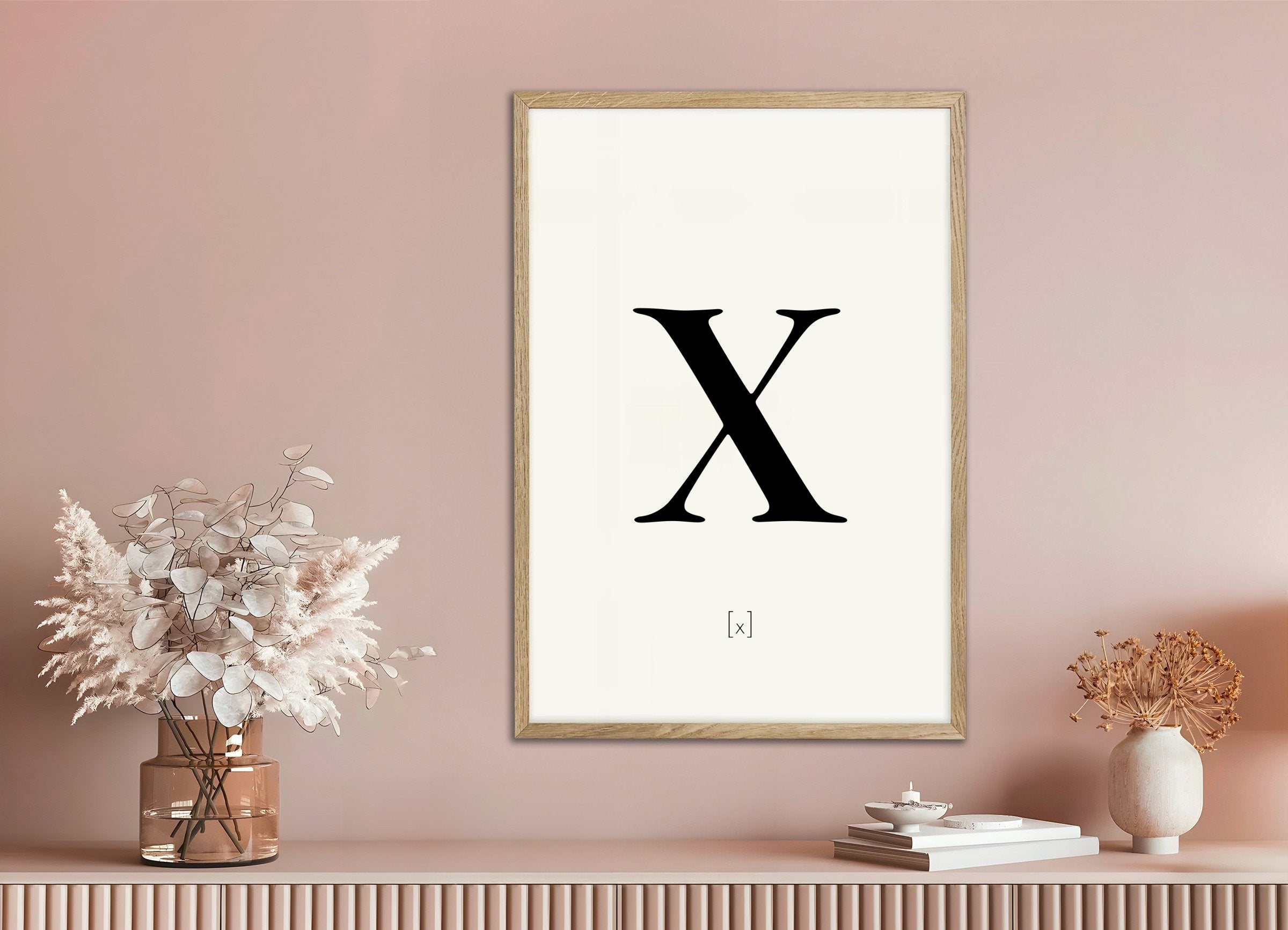 Poster of Letter X, with natural wooden frame