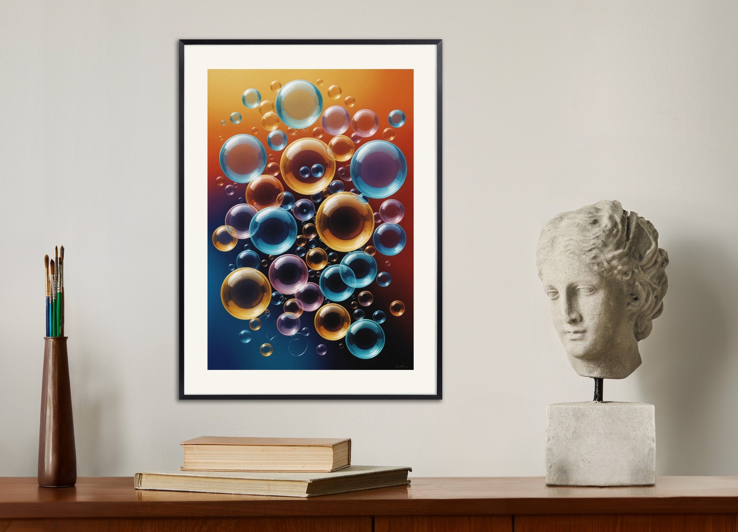 Poster of Lines and geometric figures with floating shapes, playful abstract art, with metal frame