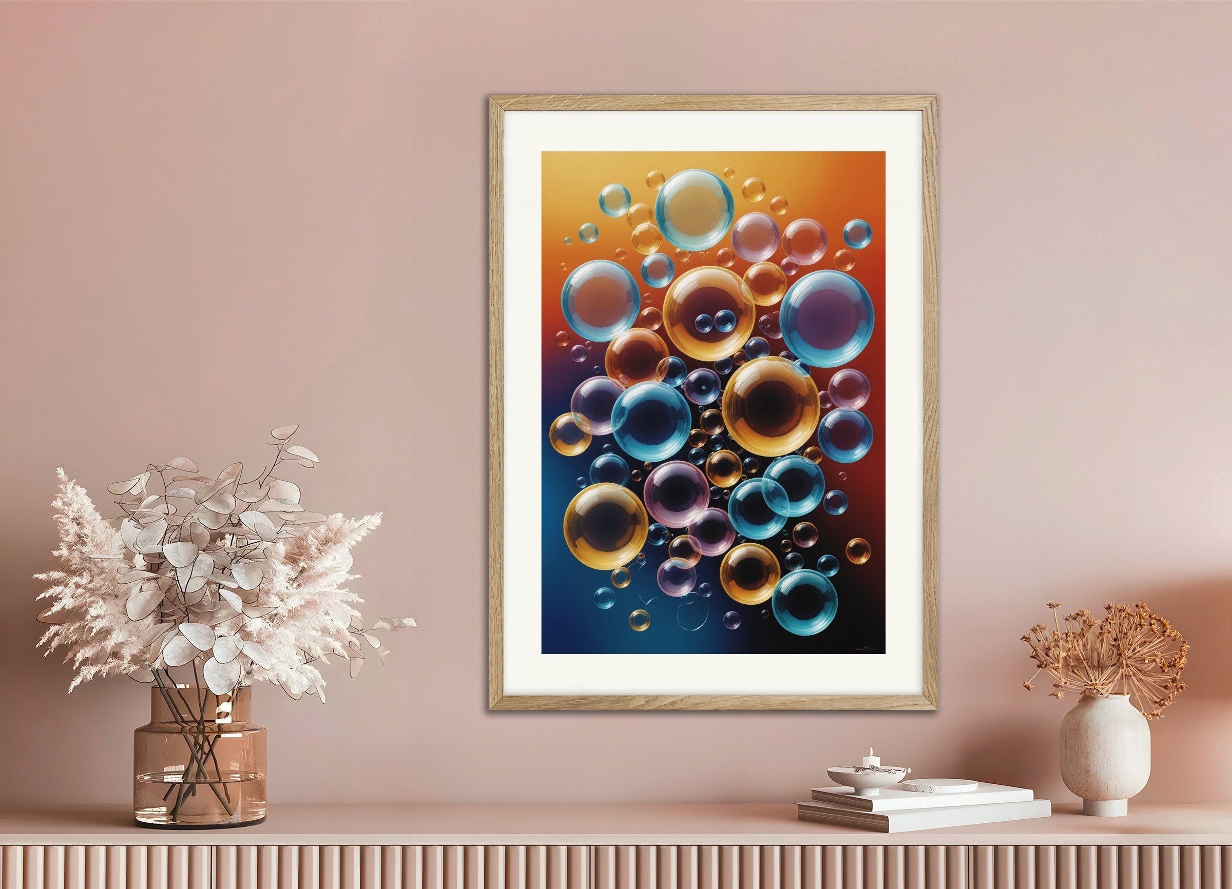 Poster of Lines and geometric figures with floating shapes, playful abstract art, with natural wooden frame